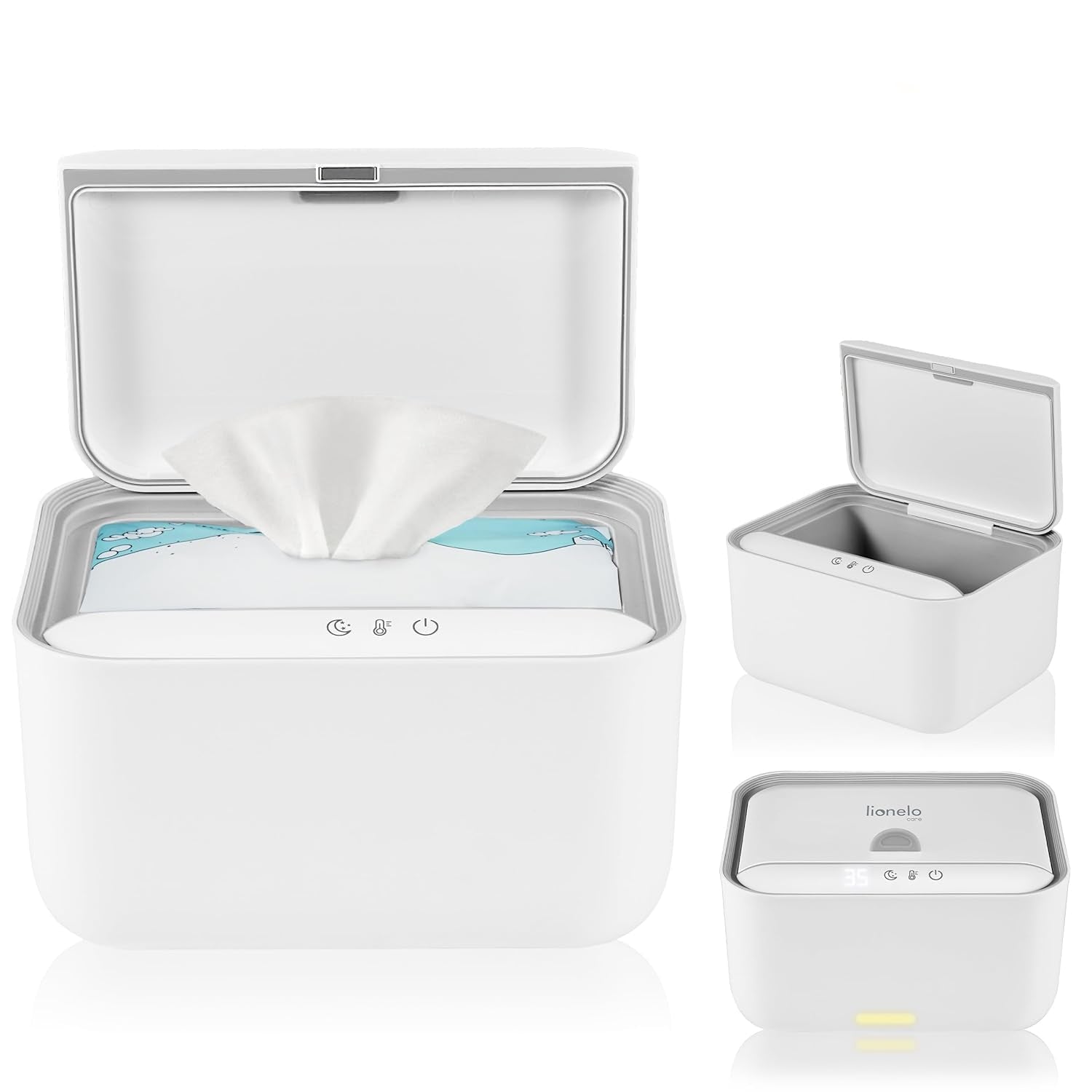 Lionelo BABYBLISS 20W Réchauffeur pour lingettes humides et petites serviettes, 20W pour bébé, veilleuse intégrée, 3 réglages de chaleur, écran tactile, maintient les lingettes humides