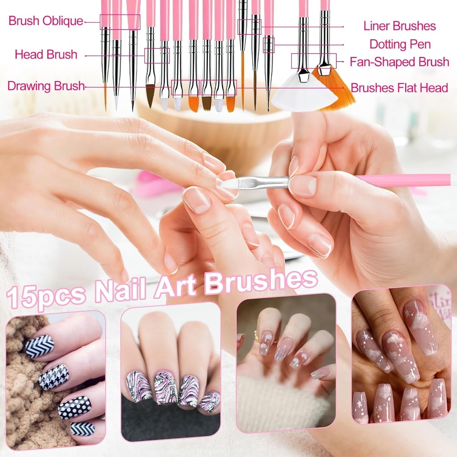 53 autocollants de perles, ensemble de pinceaux et de décorations pour nail art, 15 pinceaux, 5 stylos à points, strass, or noir pour l'art de l'art, les paillettes, les travaux d'art et les ensembles de décorations