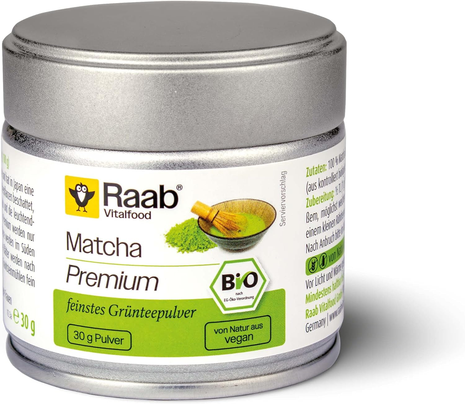 Raab Vitalfood® Premium Bio Matcha Powder (30g) - Original du Japon, poudre de matcha pure sans additifs, finement moulue, goût légèrement amer, poudre de thé vert, végétalien, cérémonie du thé