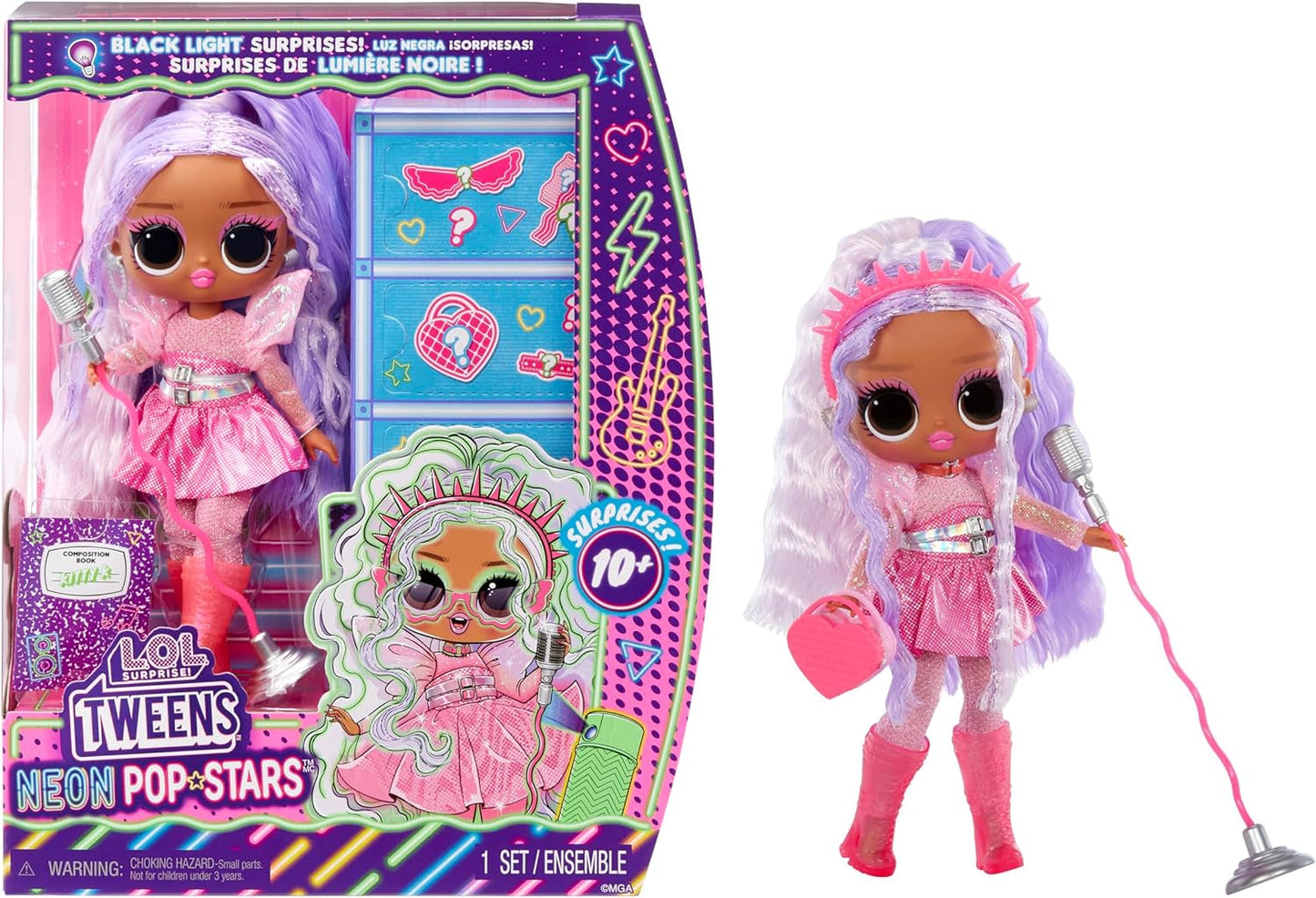 MDR. Surprendre! Tweens Neon Pop Stars - Kitty K - 1 poupée mannequin avec surprises rétroéclairées et plus de 10 tenues et accessoires Pop Star, y compris des micro-bandes rétro, cadeau pour enfants 4+ Naty Shop Kitty K Dolls
