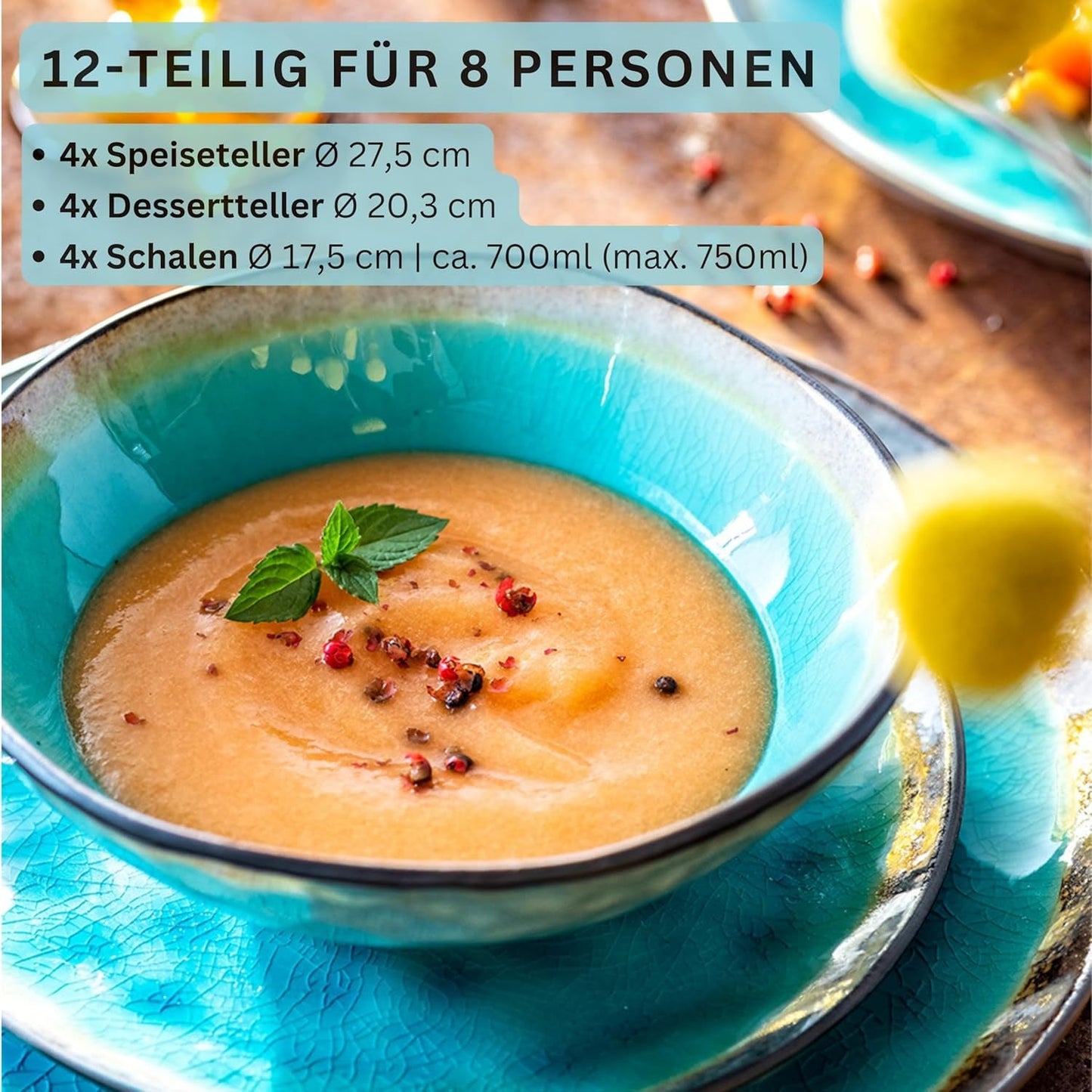 SANGER | Capri Dinnerware Service de table 12 pièces pour 4 personnes en grès comprenant des assiettes plates, des assiettes à dessert et des assiettes Suma Service de table turquoise fait à la main avec bord gris | LA COLLECTION PREMIUM