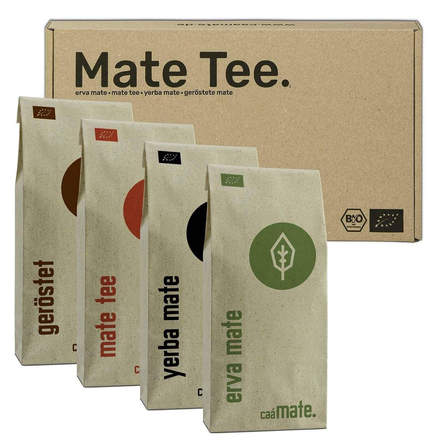 Coffret de dégustation de thé Mate ● 4 variétés de thé Mate biologique ● 100 g chacune Erva Mate + Yerba Mate + Thé vert Mate + Thé Mate torréfié