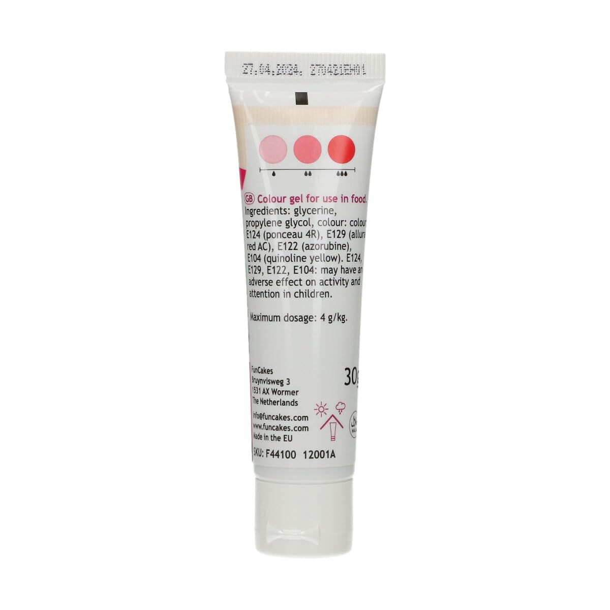 Colorant alimentaire Funcakes, gel rouge : Colorant alimentaire très concentré pour pâte, crème, fondant et pâte d'amande. Dosage facile. Une seule goutte pour créer des couleurs vibrantes. Halal. 30g.