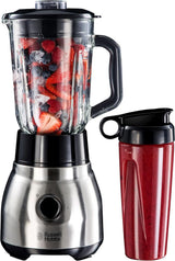Russell Hobbs Batteur sur socle 2 en 1 [mélangeur en verre de 1,5 L et mini machine à smoothie de 0,6 L - To-Go-Trinkflasche Inkl. Deckel] Spülmaschinenfest, Impuls-/Ice-Crush Funktion, Becher BPA Frei, Edelstahl 23821-56 Kitchen Naty Shop