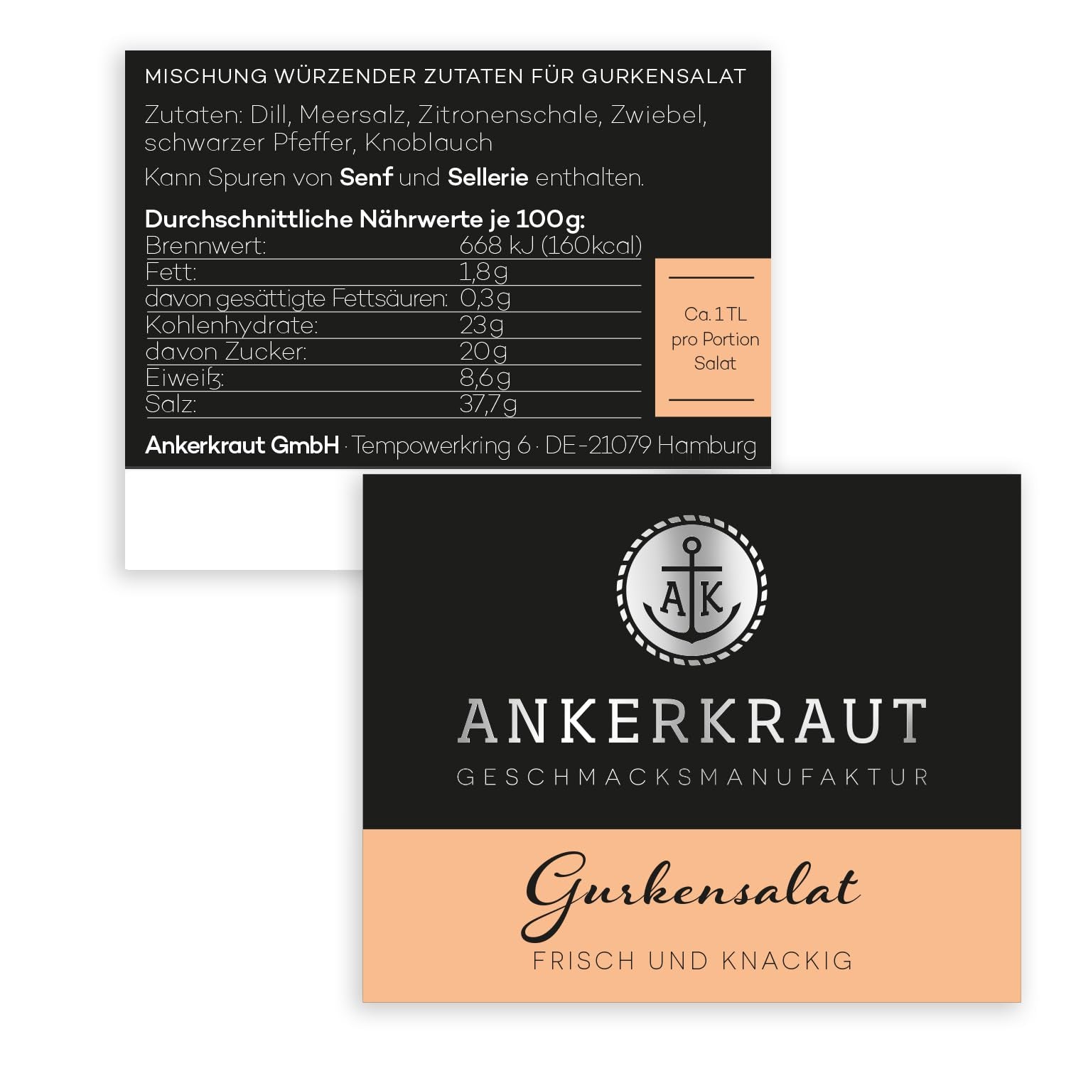 Ankerkraut Gurkensalat, 60 g dans un verre en liège, Würze Gherken-Salat Ganz Einfach, Zuckerfrei und Ohne Gesmackverstärker, Mischung würzender Ingredient für Salat