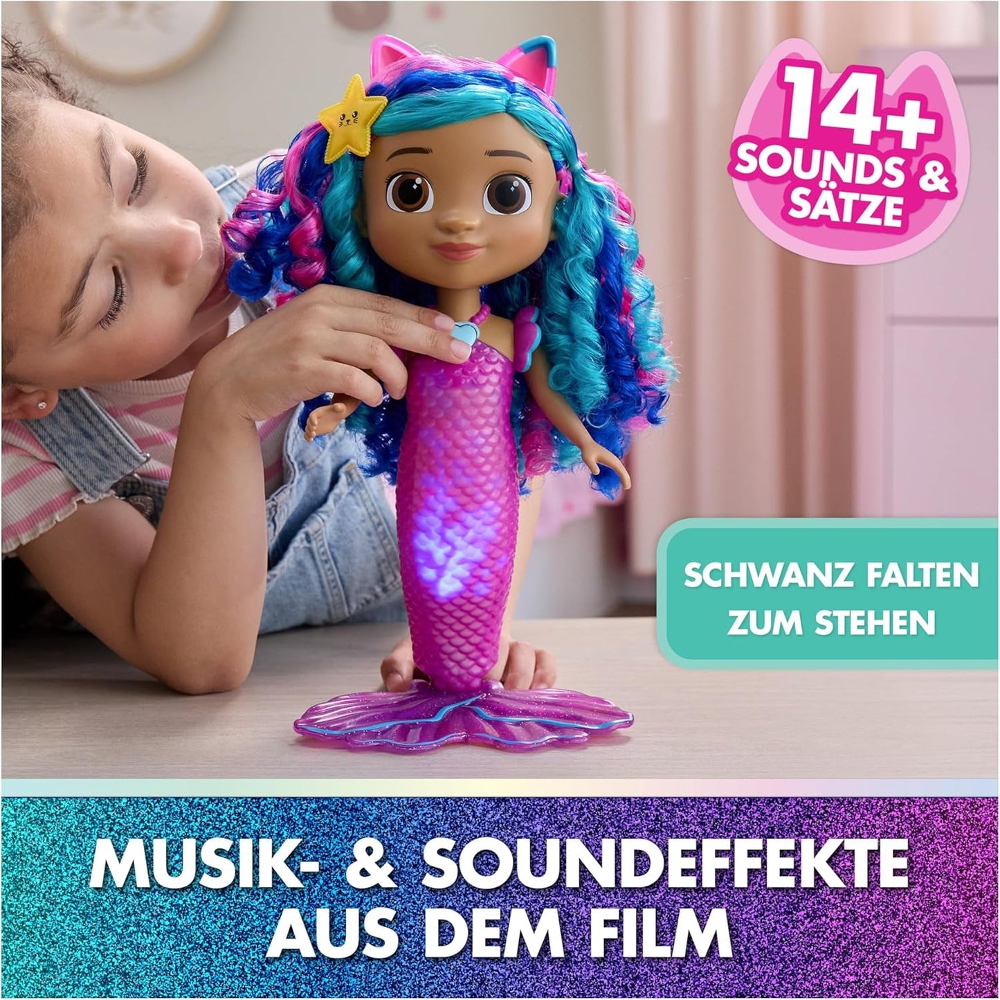 DREAMWORKS GABBY'S DOLLHOUSE – Sing & Shine Meerjungfrau Gabby, 35 cm grande poupée avec lumière et effets sonores, allemand, pour enfants de 3 ans