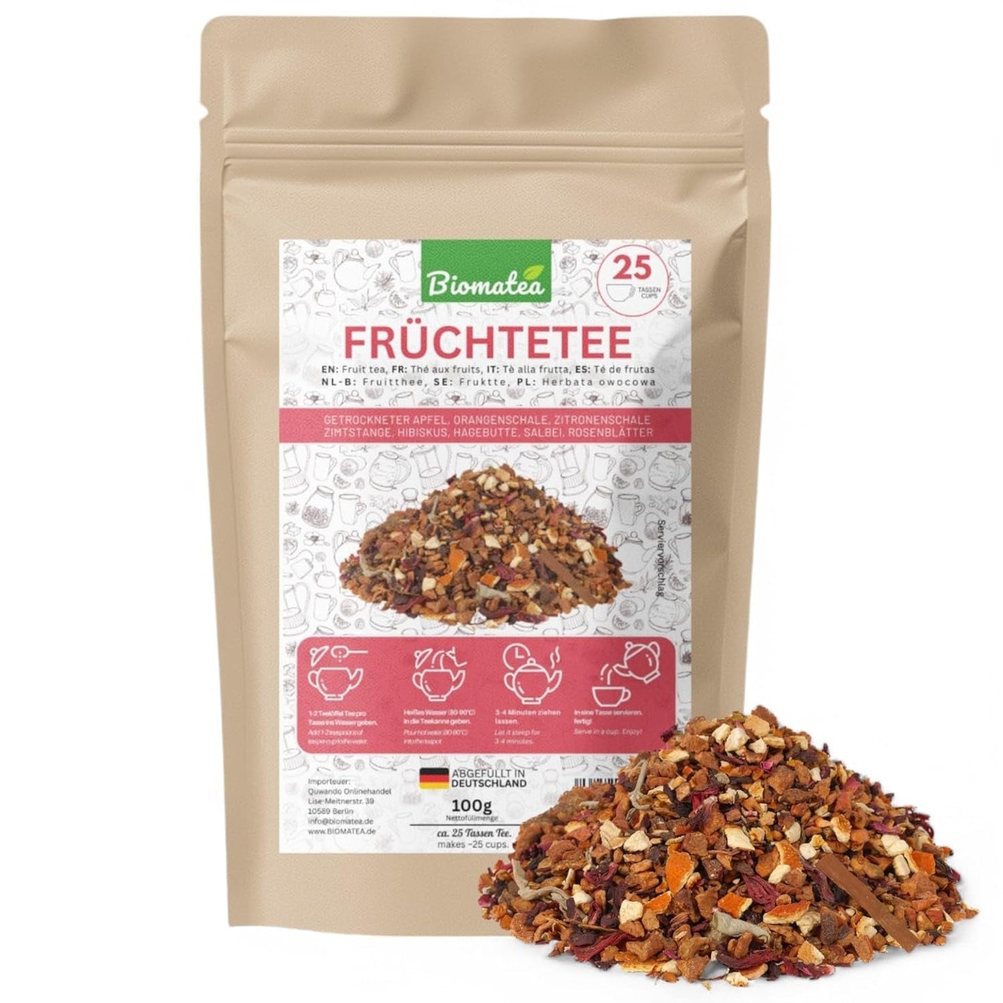 Thé aux Fruits – 100g Mélange de fruits aromatisé à la pomme, à l'hibiscus et à la cannelle – Sachet Ziplock, env. 25 tasses – Sans additifs, emballées en Allemagne