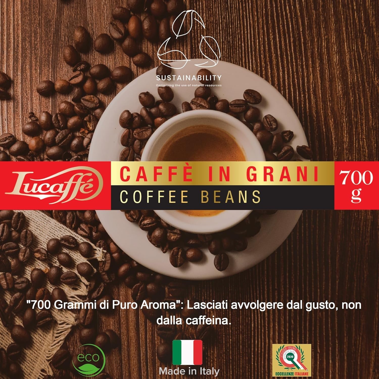 Lucaffè - Entkoffeinierte Kaffeebohnen Decaffeinato, 700 Gr | Machines à café pour machines à expresso sans caféine | Röstung foncé | Gesmack sucré et fruité, crémeux | Arômes Intensifs