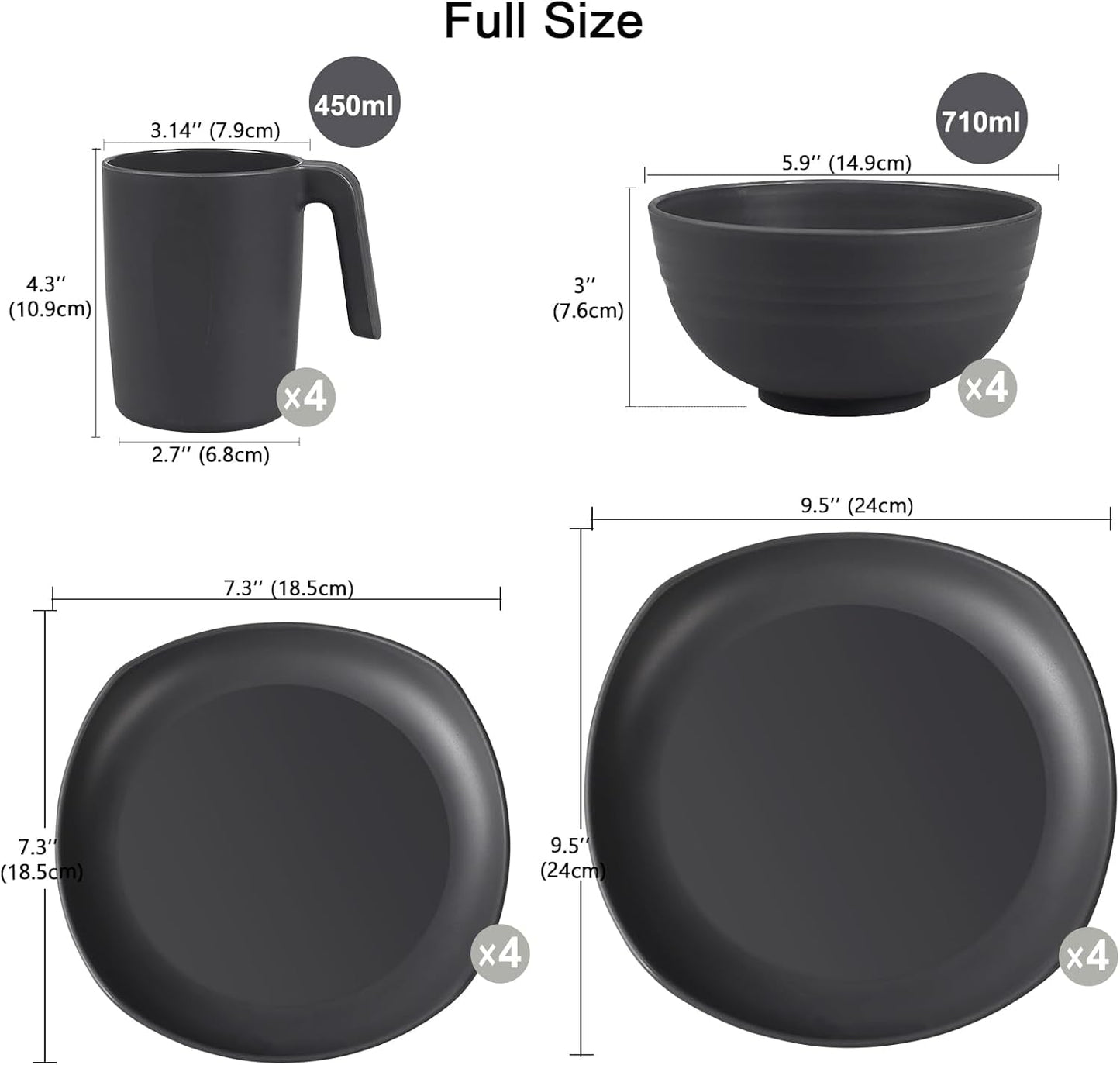 Ensemble de vaisselle en PP | Service de table léger et indestructible de 16 pièces pour enfants et adultes, 4 assiettes, 4 assiettes à dessert, 4 bols, 4 tasses, ensemble combiné pour 4 personnes