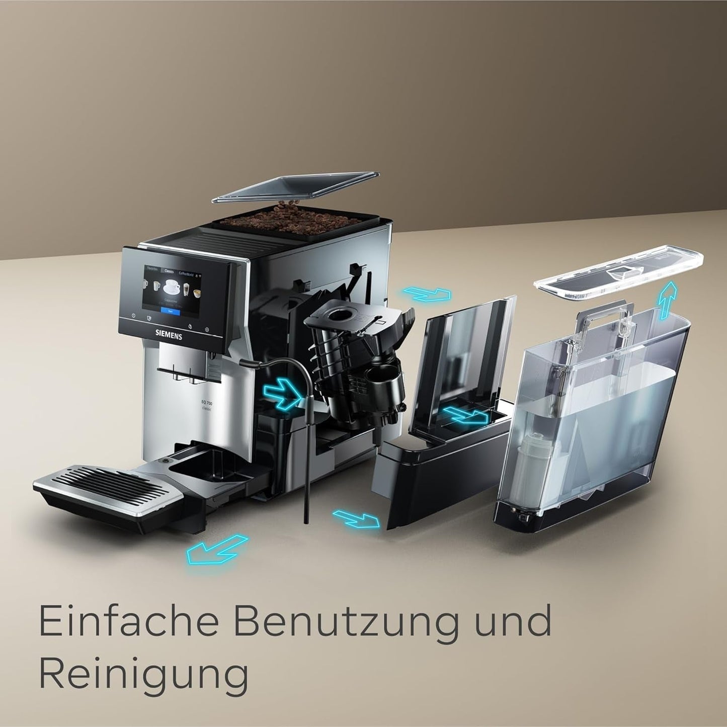 Machine à expresso automatique Siemens EQ700 classic TP715D01, contrôle par application, infusion froide, écran tactile intuitif, jusqu'à 10 créations de café individuelles comme favoris, nettoyage automatique à la vapeur, 1500 W, gris argenté