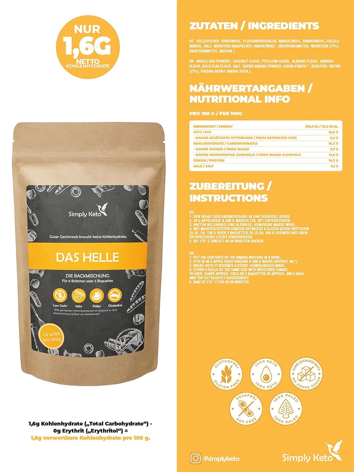 Pain Simply Keto The Light Lower Carb*, Mélange pour pain sans gluten, 260 grammes Kitchen Naty Shop