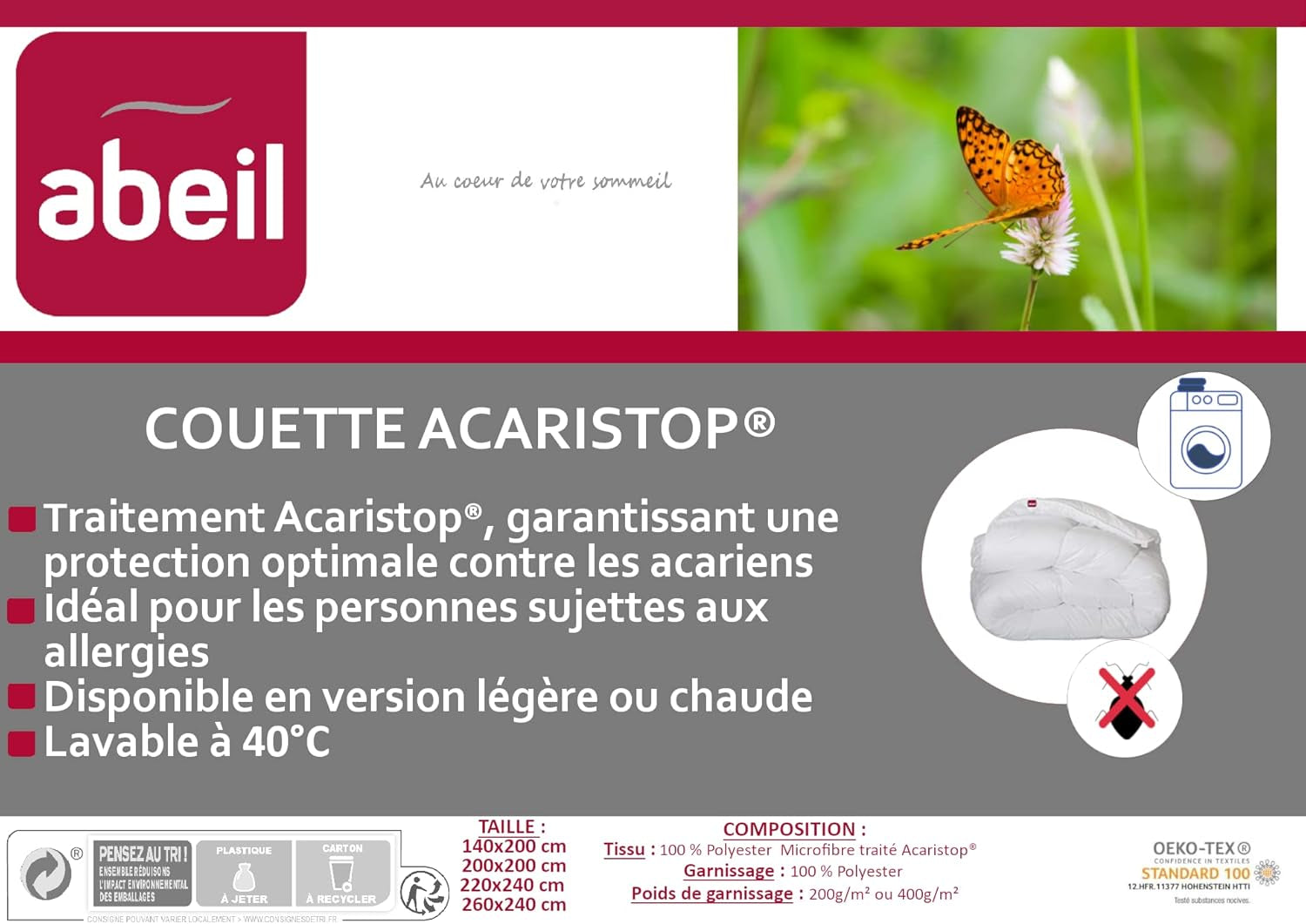 Abeil Acaristop housse de couette effet anti-acariens et antibactérien, polyester, blanc, 220 X 240 cm Couettes et couettes Naty Shop