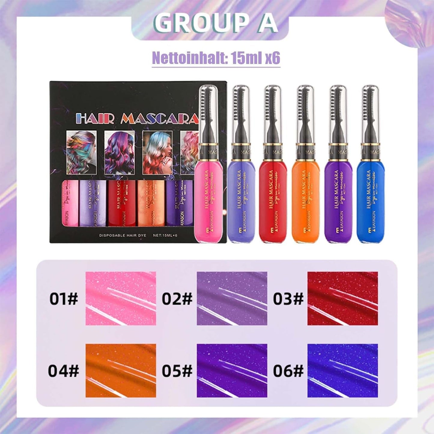 Teinture capillaire instantanée 6 couleurs Mascara capillaire temporaire pour filles et femmes Craie capillaire lavable Mascara capillaire arc-en-ciel Teinture capillaire pour carnaval Halloween Cosplay fête anniversaire (A) Naty Shop Coloration capillaire