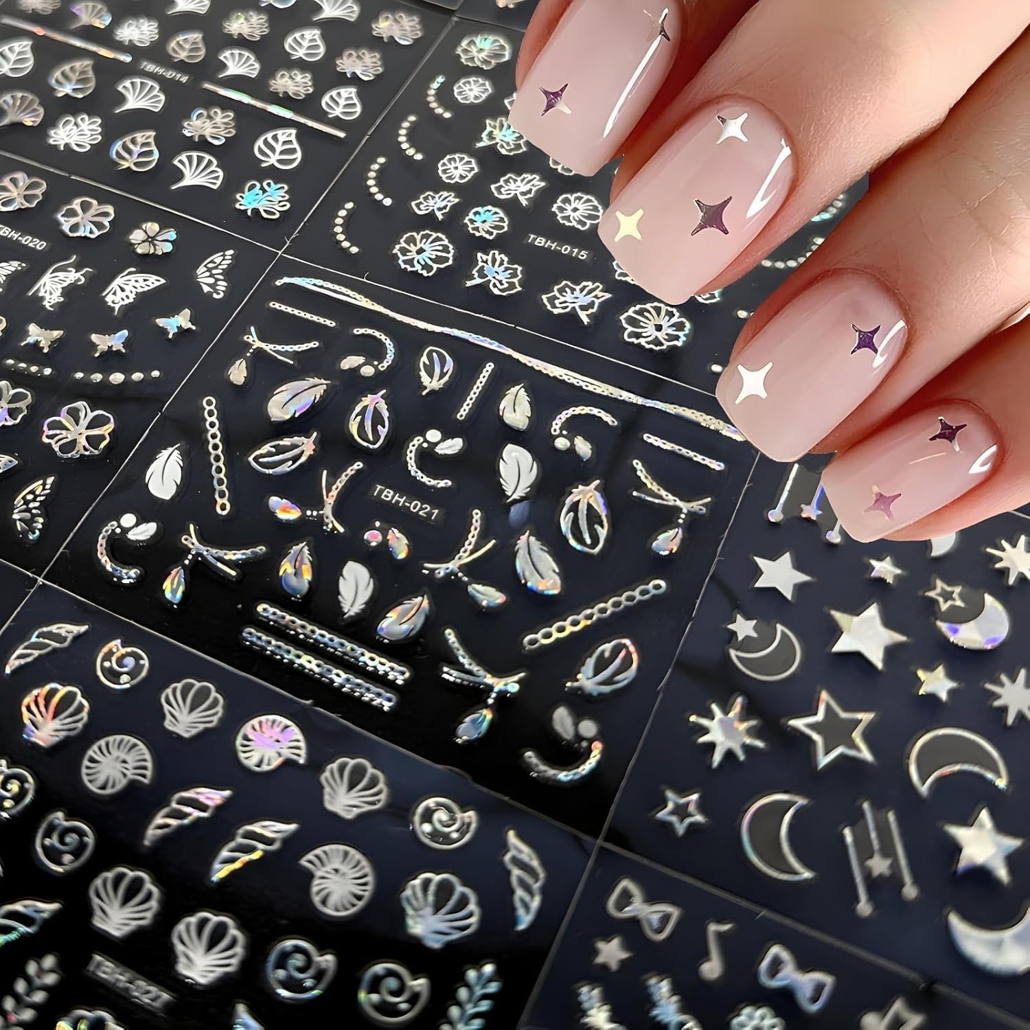 30 Blatt Aurora-Nagelkunst-Aufkleber, Selbstklebende 3D-Blumen-Nagelaufkleber, Aurora-Mond-Stern-Nagelaufkleber pour l'art de l'artisanat, Blatt-Herz-Nageldesign pour DIY-Acrylnägel-Dekoration