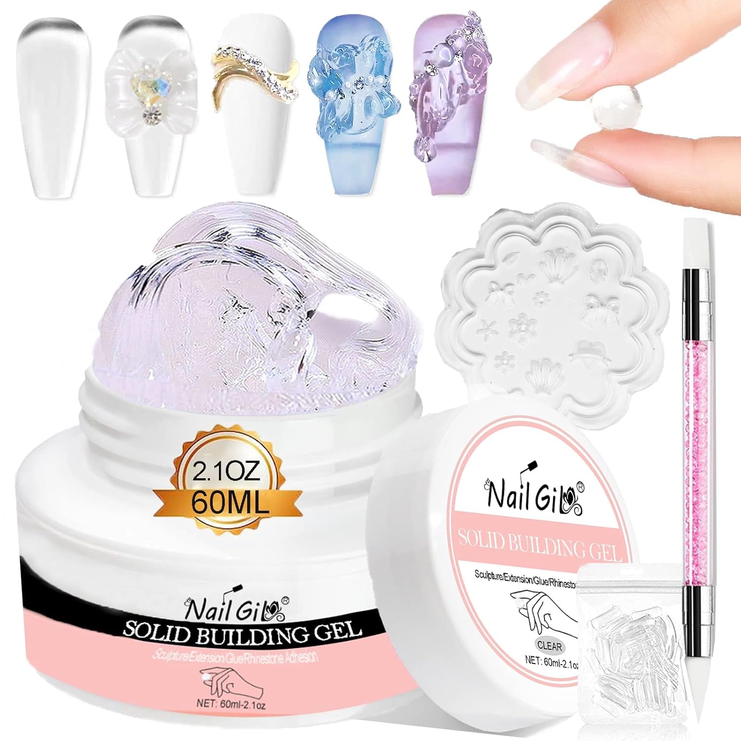 NAILGIL Vernis à ongles en gel solide, colle à ongles en gel solide, sculpture d'art d'ongle 3D avec ensemble d'outils, salon de bricolage à domicile, transparent 15G