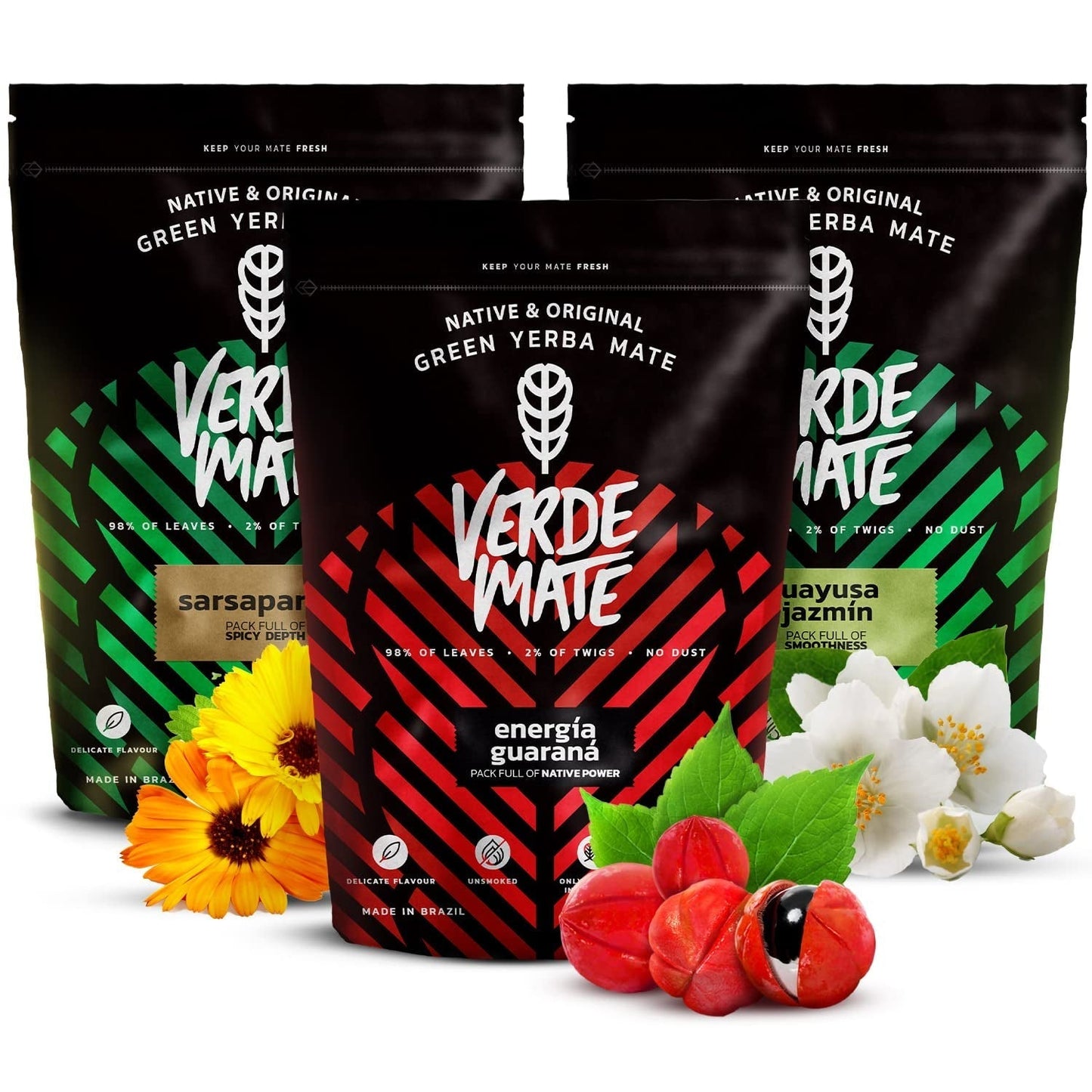 Service à thé Yerba Mate aux herbes | Yerba Maté aux herbes | Green Mate Énergie verte Guarana, Guayusa Jazmin, Salsepareille | Yerba Mate verte brésilienne | 3X500G