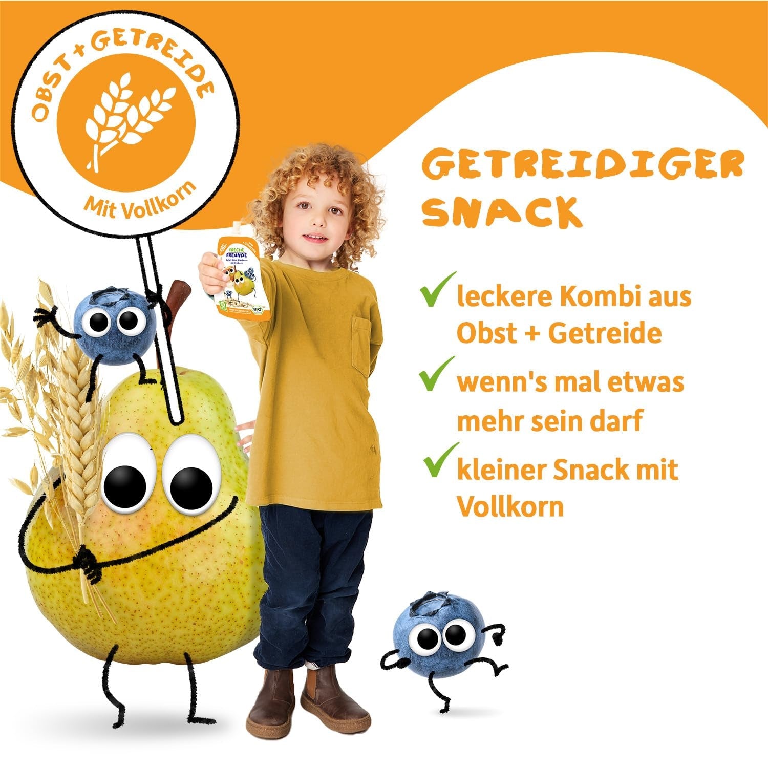 FRECHE FREUNDE Bio Quetschie Apple, Erdbeere, Himbeere mit Grieß, Fruchtmus mit Getreide in Quetschbeutel für Babies from 6. Month, vegan, 6er Pack (6 x 100g)