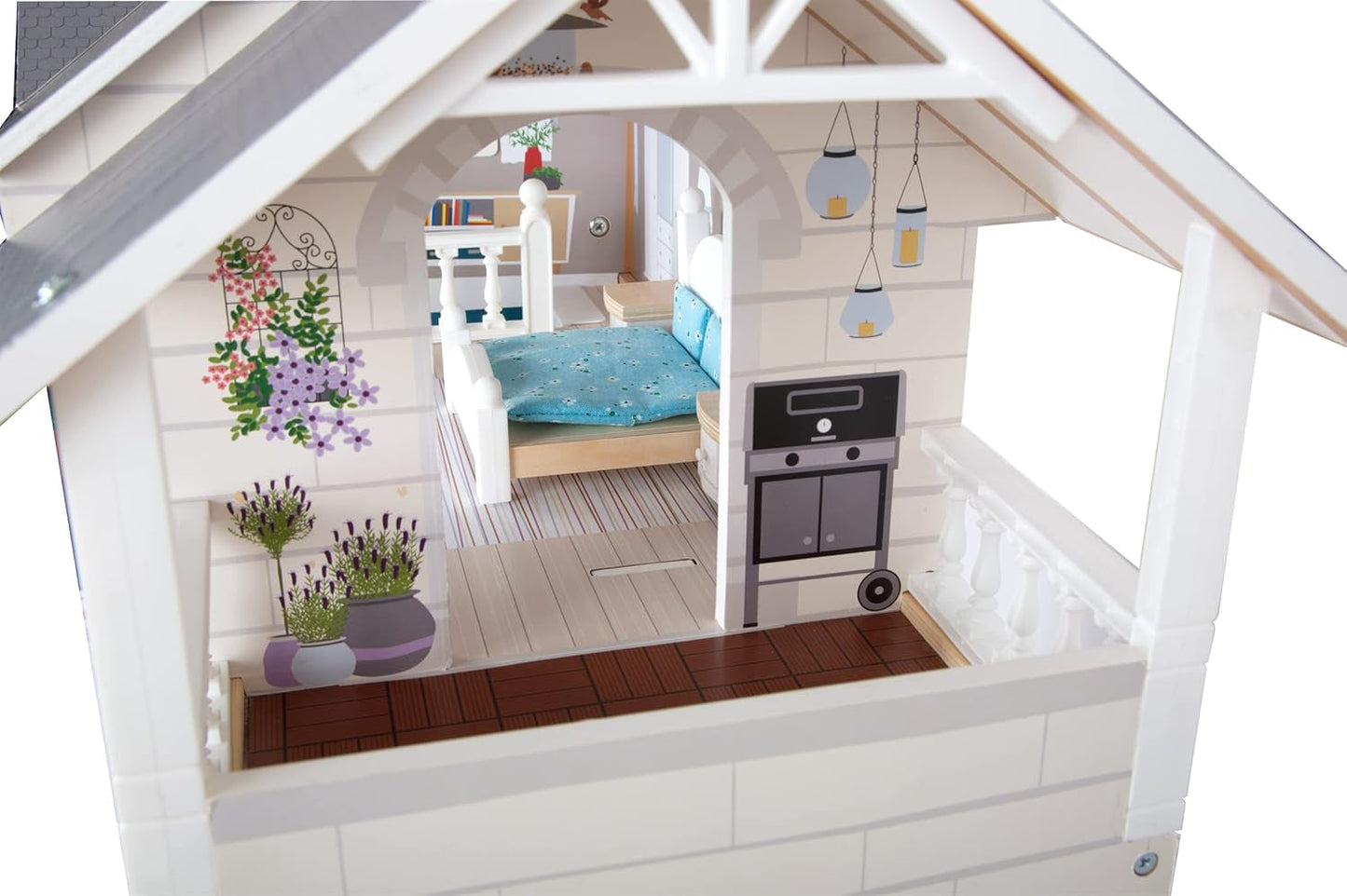 Small Foot Maison de poupée Maison de ville en bois à 3 étages avec façade ouverte et 12 meubles pour 3 ans et plus 11802 Maisons de poupée gris blanc Naty Shop