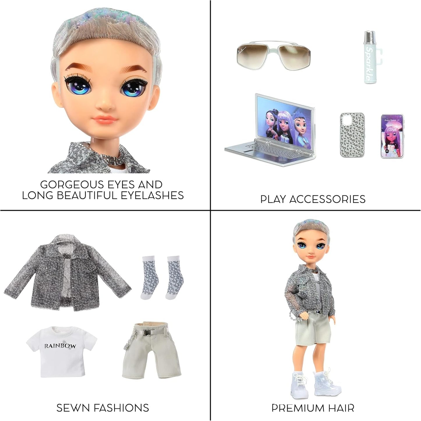 Poupée Rainbow High Fashion - Aidan Russell - Poupée Purple Boy - Tenue à la mode et plus de 10 accessoires de jeu colorés - Pour collectionneurs et enfants de 4 à 12 ans
