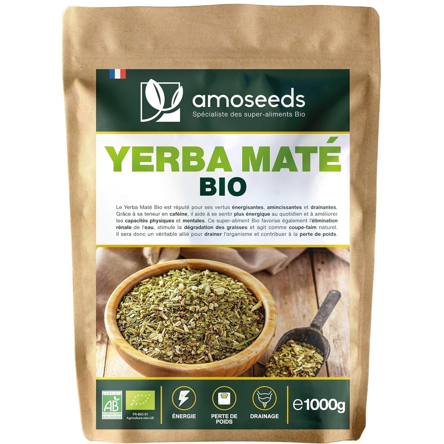 Yerba Maté BIO 1 kg | Maté vert, non fumé | 100 % feuilles, pas de tiges | L'énergie, alternative au café | Qualité supérieure