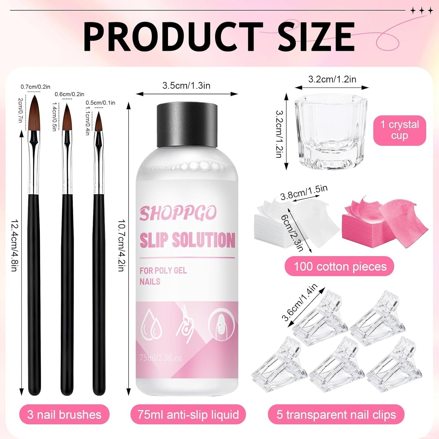 Solution pour ongles Polygel, kit de solution pour ongles Poly Gel Slip, solutions pour ongles liquides Polygel 75 ml, 5 clips pour pointes d'ongles, 3 brosses à ongles, 1 tasse en cristal, 100 feuilles de nettoyage