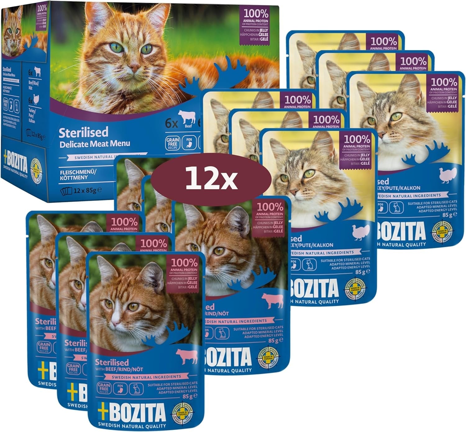 Bozita Stérilisé Nassfutter Häppchen in Gelee mit Fleisch - 12x85g Portionsbeutel getreidefreies & weizenfreies Futter für Katzen - Katzen Nassfutter mit 8.5% Protein & 3.5% Fettgehalt