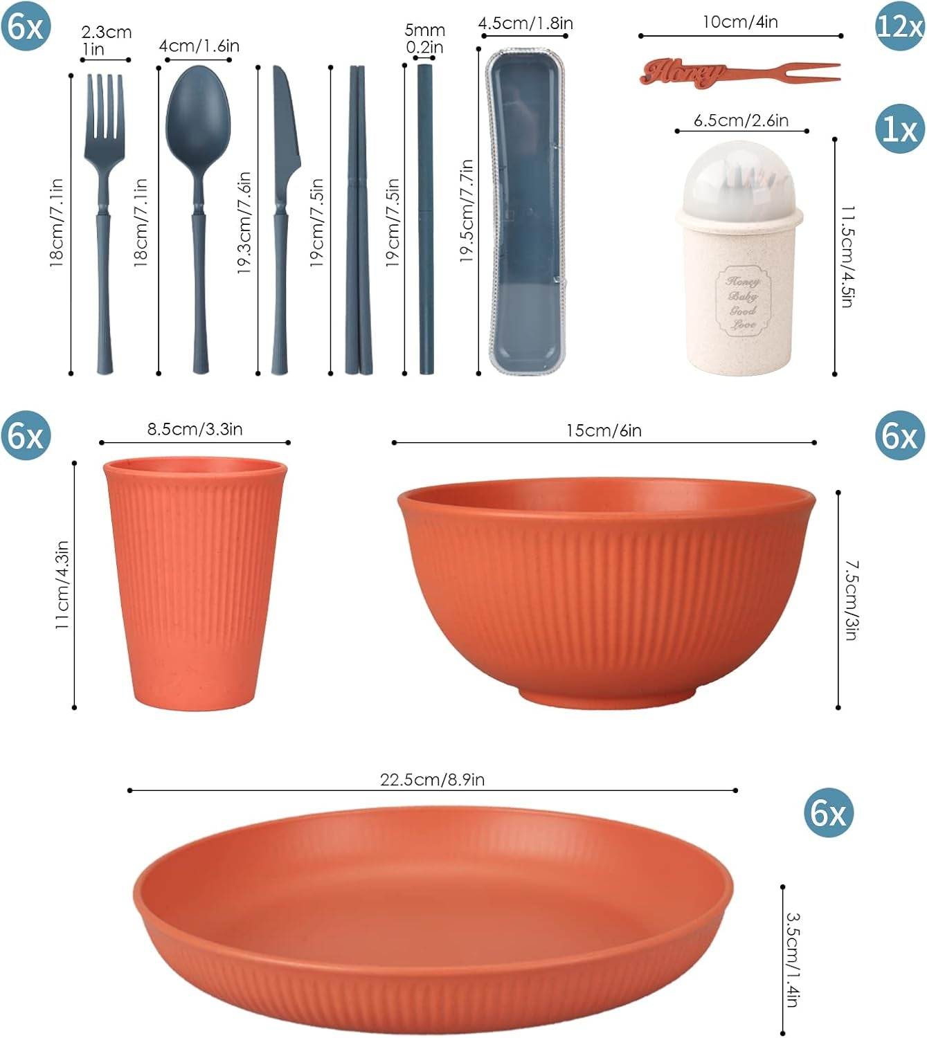 Ensemble de couverts indestructibles pour 6 personnes Ensemble de couverts de camping 66 pièces Ensembles de couverts de pique-nique en plastique Ensemble de couverts en plastique léger et coloré pour barbecue Assiettes de service Bols