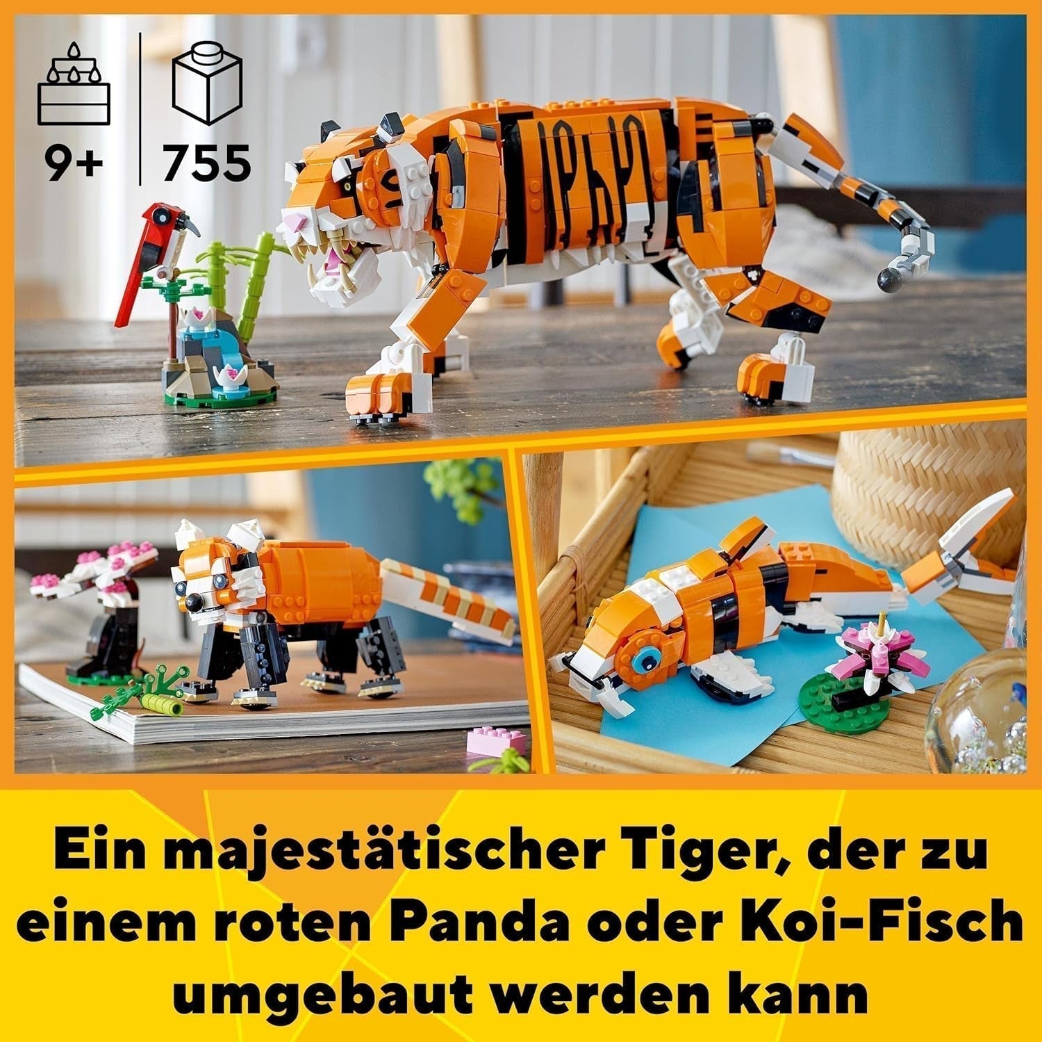 LEGO 31129 Creator Majestic Tigre, Panda ou Poisson Ensemble de figurines animales 3 en 1 Jouet pour enfants garçons et filles Jouets de construction d'animaux Besuche den LEGO-Store