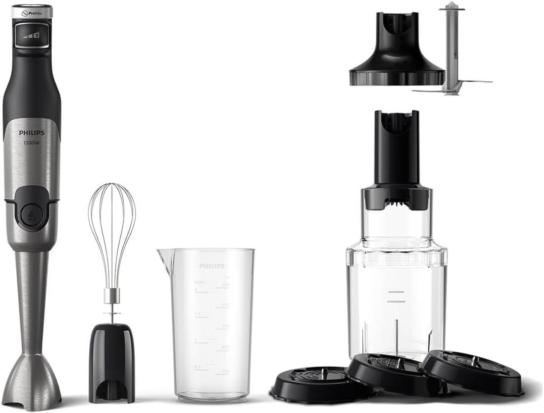 Philips 5000-Serie Stabmixer - 1200W Leistung. Technologie Promix. Led Geschwindigkeitsanzeiger. Stufenlose Geschwindigkeitseinstellung. Conception compacte. Leicht Zu Reinigen. Schwarz (HR2681/00) Kitchen Naty Shop + Schneebesen, Spiralizer, XL-Zerkleinerer