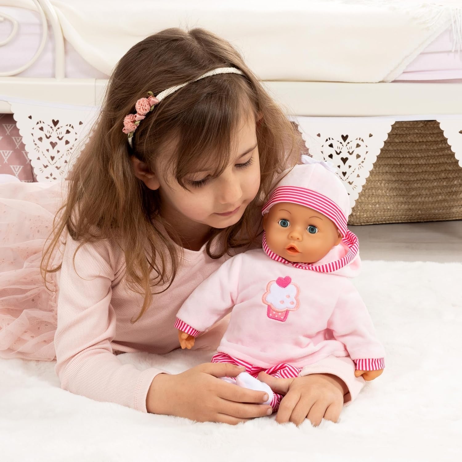 Babypuppe First Words mit Schlafaugen, spricht 24 Babylaute, mit Schnuller et Flasche, 38 cm, Rosa/Streifen
