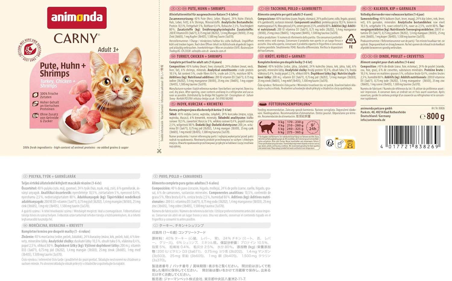 Animonda Carny nourriture humide pour chat dinde + poulet + crevettes (6 x 800g), nourriture humide sans céréales et sans sucre avec des ingrédients de viande fraîche