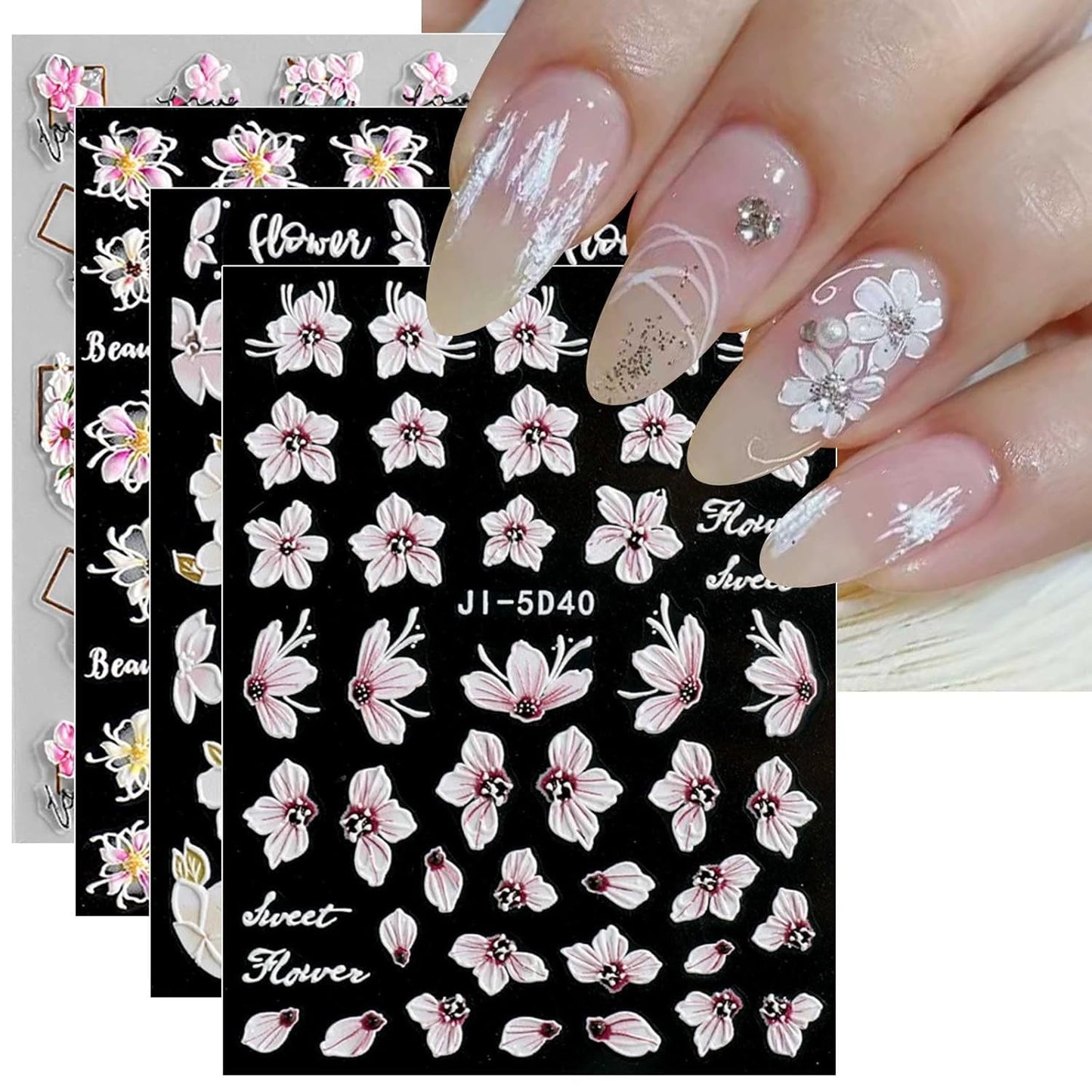 JMEOWIO Autocollants de manucure 3D pour ongles, fleurs, autocollants pour nail art, autocollants auto-adhésifs, bandes stéréoscopiques 5D, décoration de fleurs d'été, design de manucure, 4 feuilles