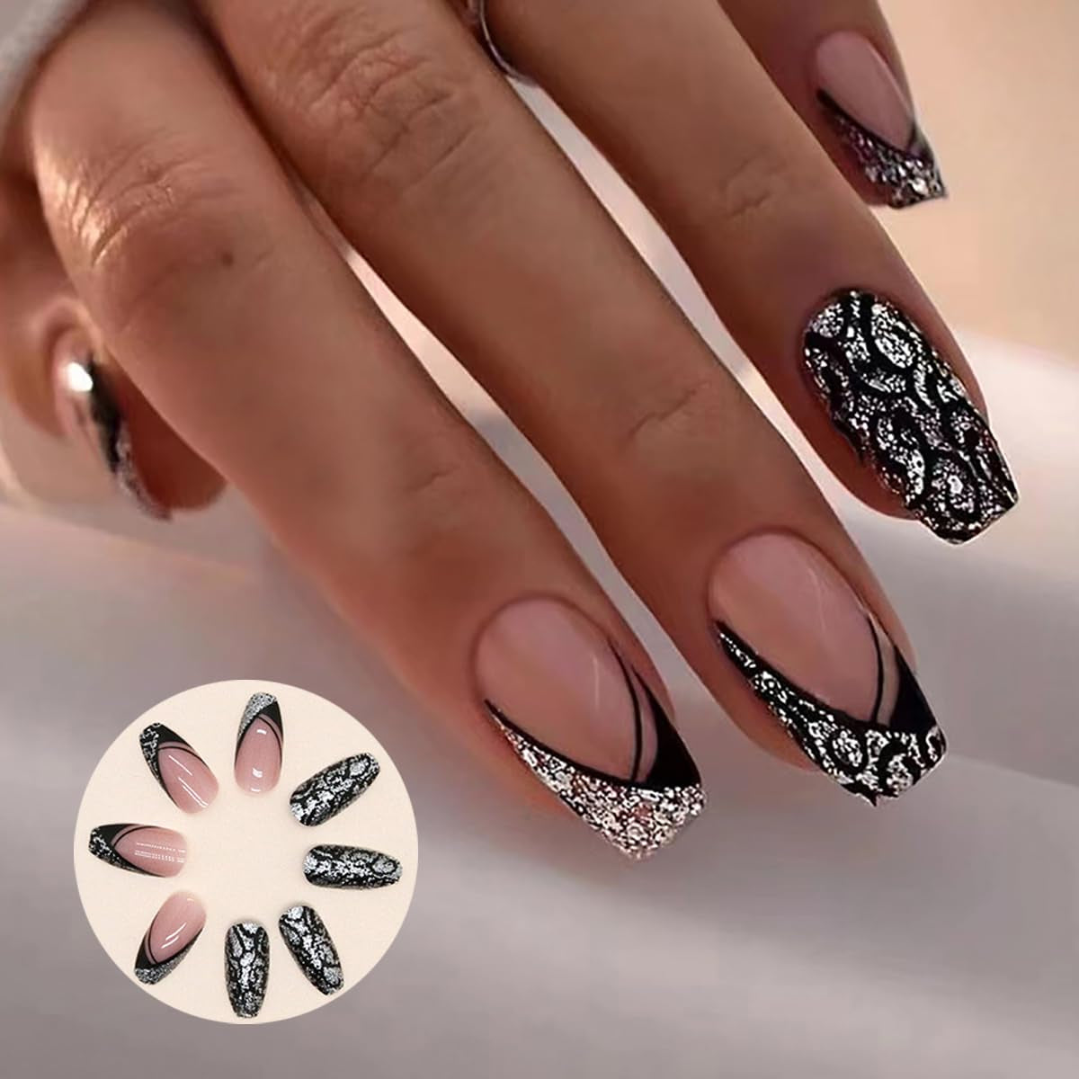 Ongles artificiels à paillettes naturelles, à pression courte, en acrylique, auto-adhésifs, pour femmes et filles, accessoires de Nail Art, 48 pièces