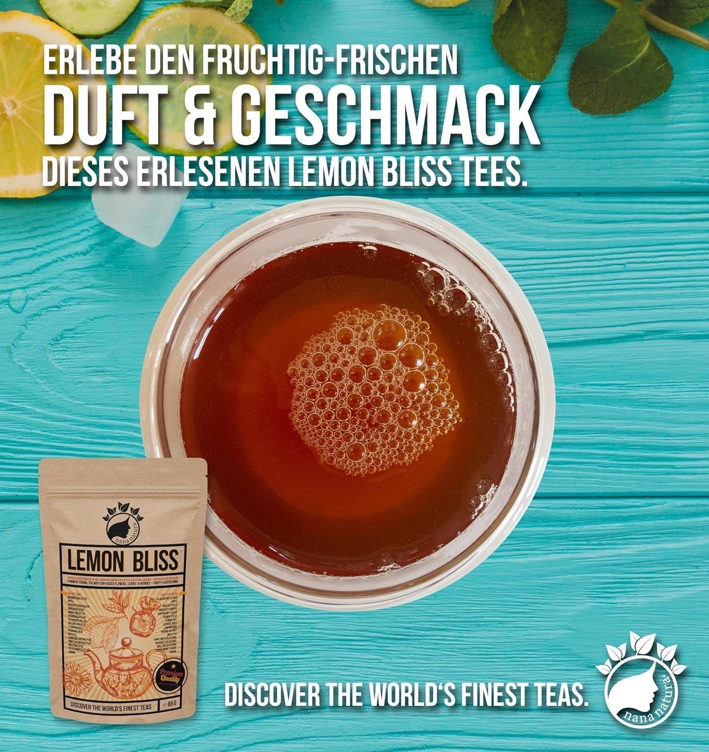 THÉ BLISS AU CITRON Original de Nananatura'S 85G | Tisane d'été fruitée et rafraîchissante | Comme thé froid, thé glacé ou chaud classique | Avec des fleurs, des feuilles et des baies mûries au soleil | Pas de sucre