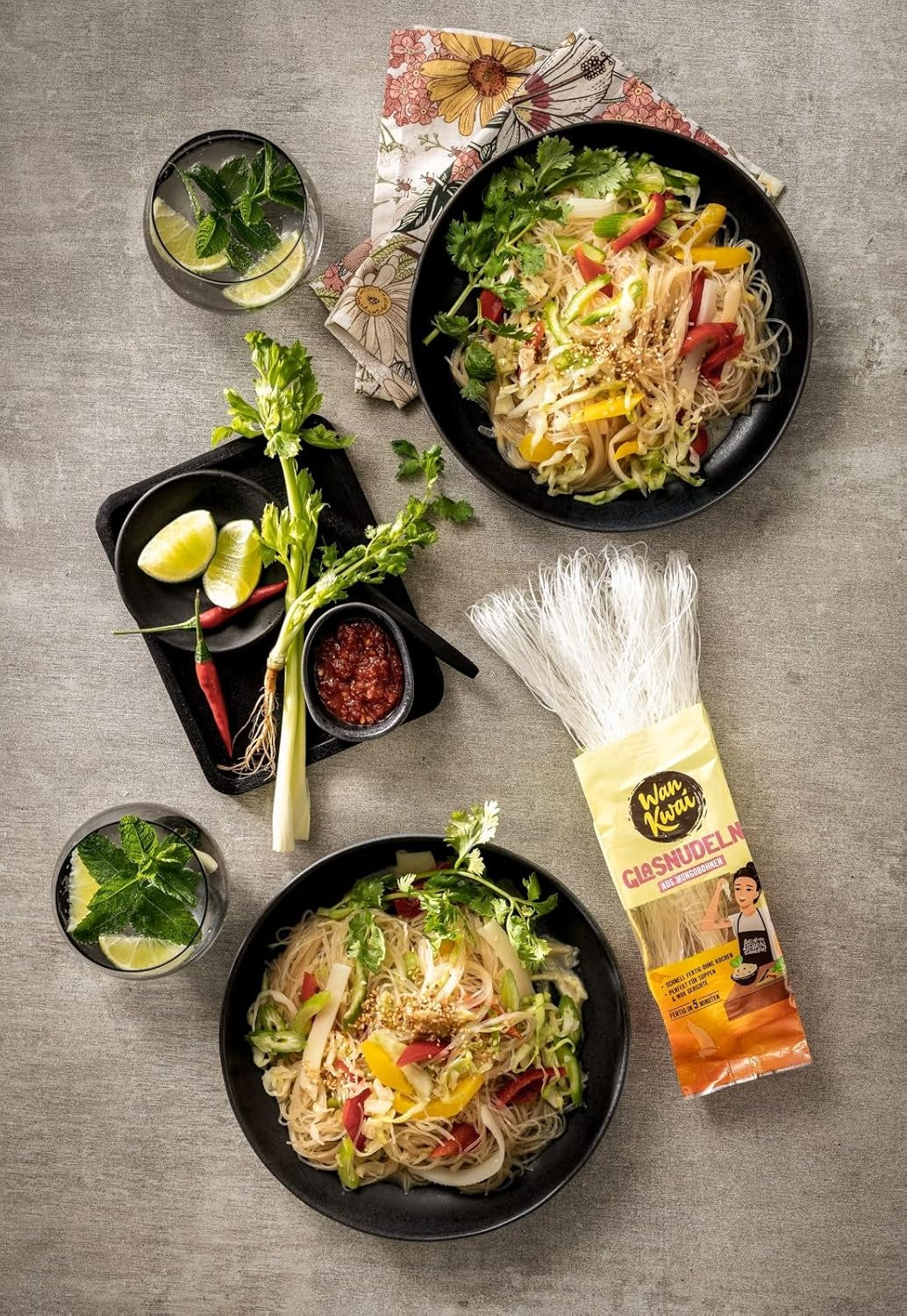 Nouilles en verre Wan Kwai 100g – Variété asiatique gastronomique ! Sans gluten, à base d'amidon de haricot mungo et d'eau. Idéal pour les soupes, les plats au wok et les salades. Texture délicate, prête en 5 minutes.