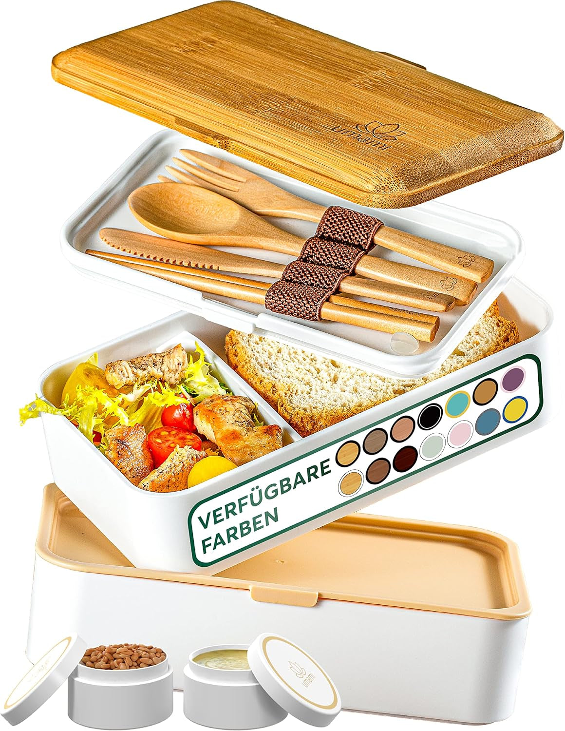 Umami Boîte à déjeuner pour adultes, boîte à bento empilable étanche avec 4 couverts et compartiments, boîte à déjeuner adulte, récipient à salade à emporter, boîte à déjeuner pique-nique/bureau, gris anthracite, 1500 ml