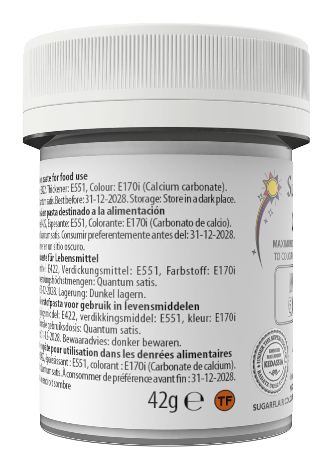 Colorant alimentaire Sugarflair Max Concentrated White Extra, colorant alimentaire très concentré pour pâte d'amande et fondant, colorant en pâte Max Concentrate - 42 g