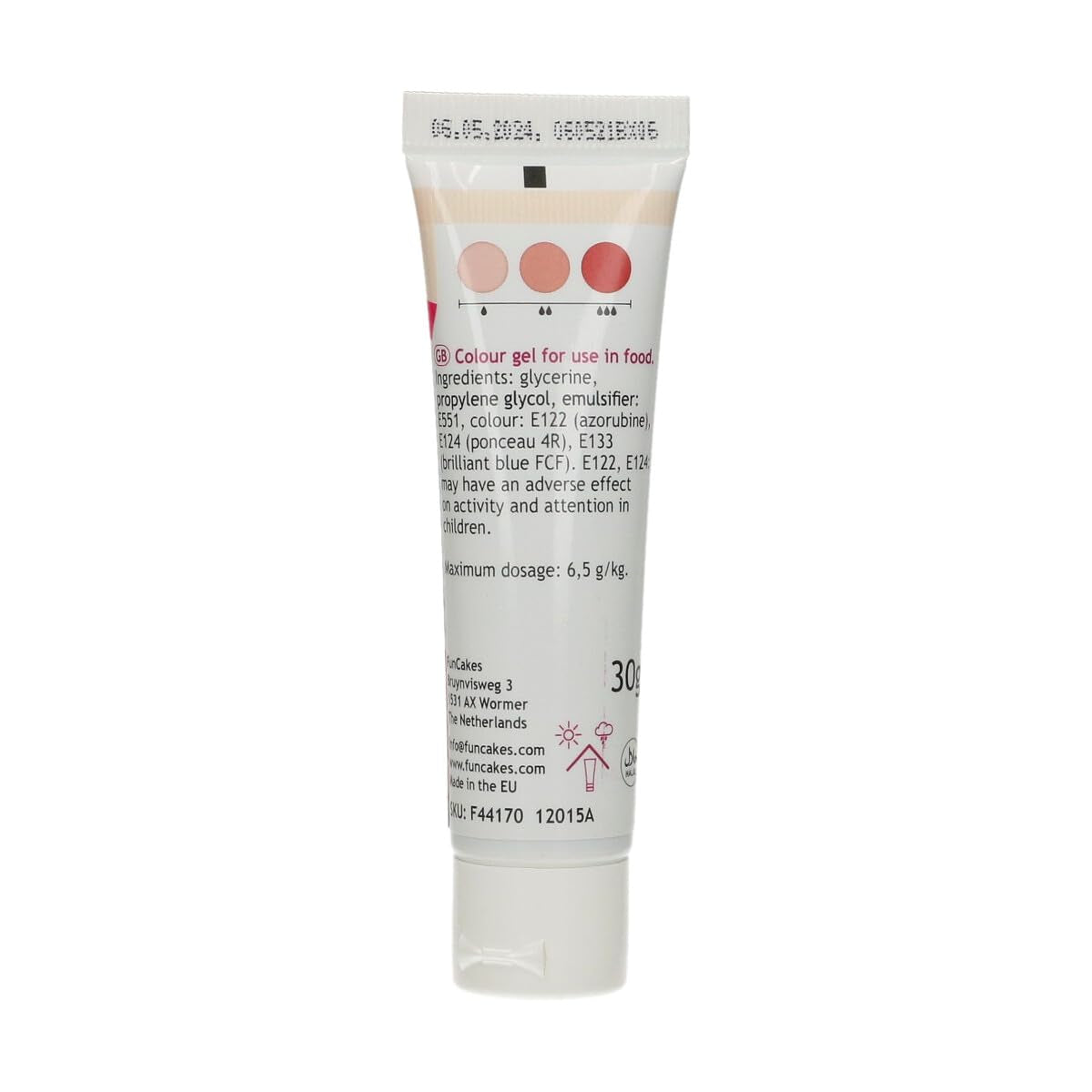 Funcakes Food Color Gel Claret : Colorant alimentaire hautement concentré pour pâte, crème, fondant et pâte d'amande. Dosage facile. Une seule goutte pour créer des couleurs vibrantes. Halal. 30g.