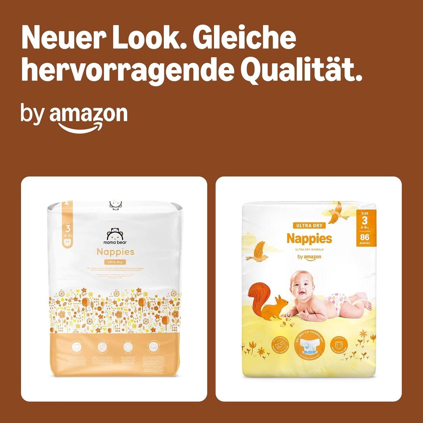 Couches Amazon Ultra Dry, taille 3 (4-9 kg) – Boîte mensuelle, blanche, 172 unités (2 paquets de 86) (anciennement Mama Bear, produit identique)
