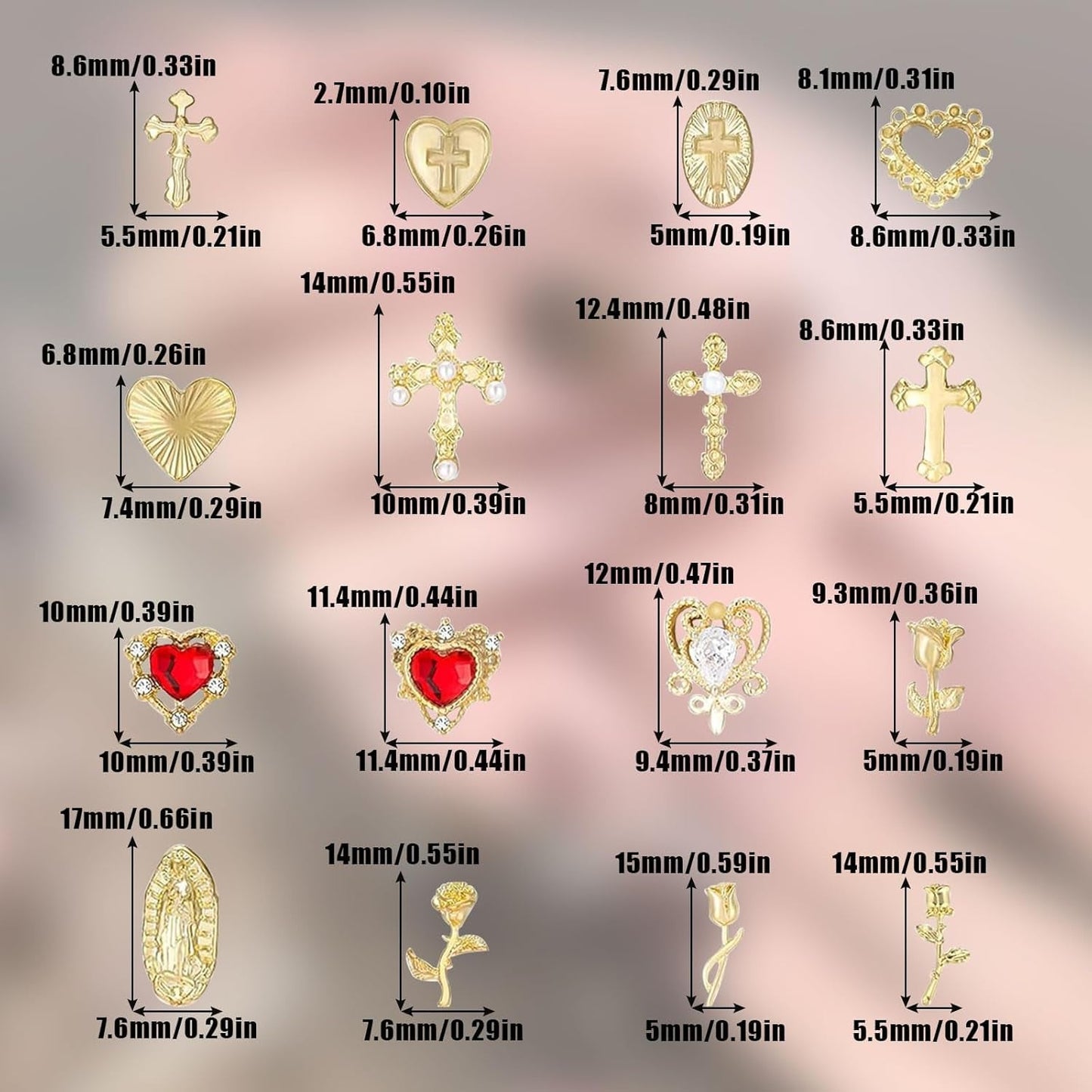 Breloques à ongles dorées, 80 pièces, croix, cœur, vierge marie, pierres précieuses en alliage métallique, accessoires pour manucure, décorations de conception, artisanat à faire soi-même