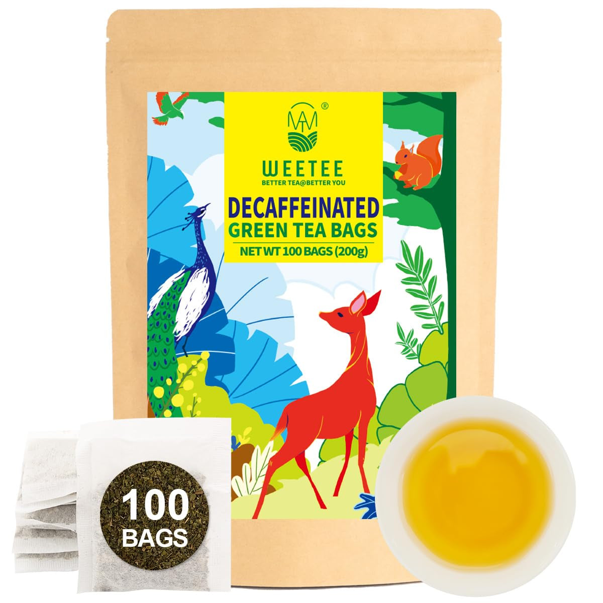 WEETEE Sachets de thé vert, 100 sachets de thé vert, thé vert pur, super antioxydant | Sachets refermables | Préparation chaude ou froide