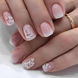 24pcs colle carrée blanche sur les ongles courts motif floral dégradé rose presse sur les ongles ongles artificiels faux ongles art ongles carrés français ongles artificiels pour les femmes