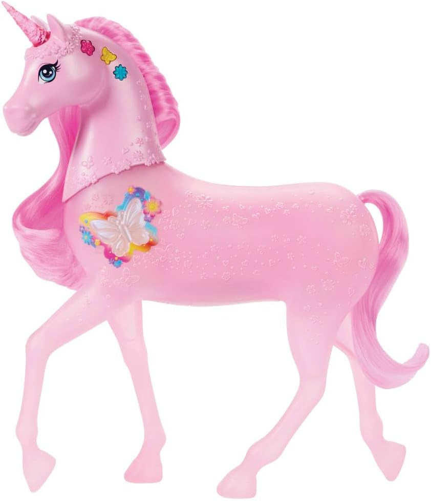 Licorne Barbie qui brille dans le noir avec 20 combinaisons interactives d'effets lumineux, sonores et musicaux pour jouer avec des boutons-poussoirs et des coups de tête, JCP78