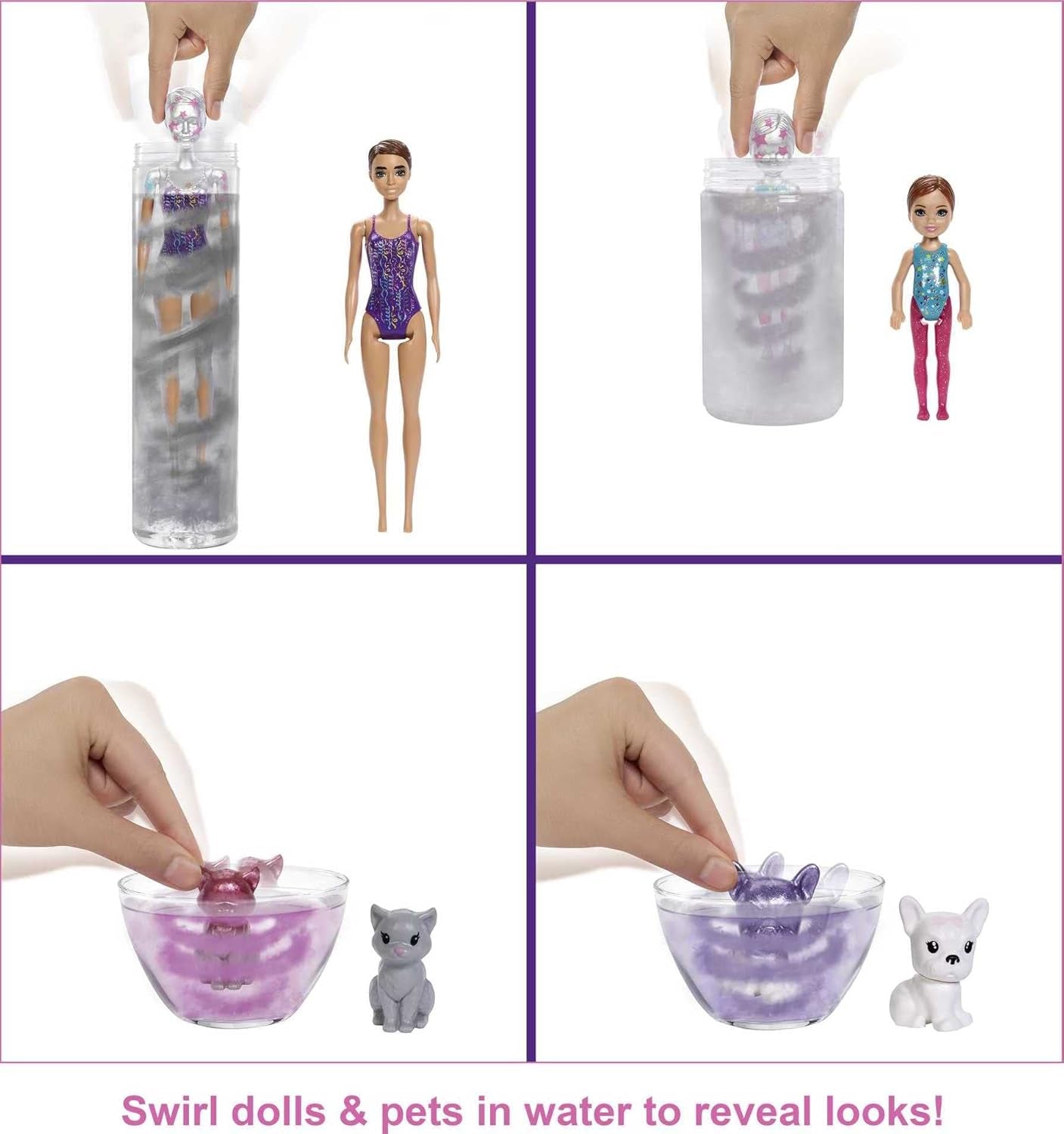 Barbie GXJ88 - Fête surprise de révélation de couleurs, +50 surprises : 1 poupée, 1 poupée Chelsea, 2 animaux, 6 changements de couleur, accessoires et plus encore, ensemble de soirée dansante, cadeau jouet pour enfants de 3 ans et plus