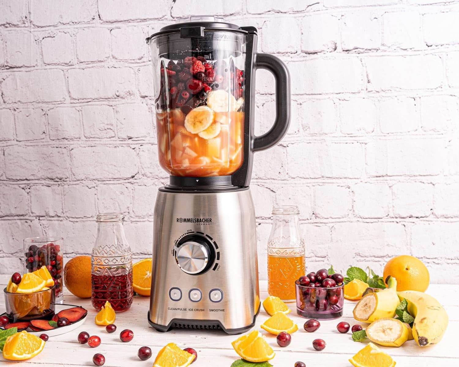 ROMMELSBACHER Batteur sur socle MX 1250-22 000 U/Min, Stufenlose Drehzahlregulierung, Funktionsstasten (Smoothie, Clean/Pulse, Ice Crush), Glaskrug, Edelstahlgehäuse, Spezialmesser, 1200 Watt Kitchen Naty Shop