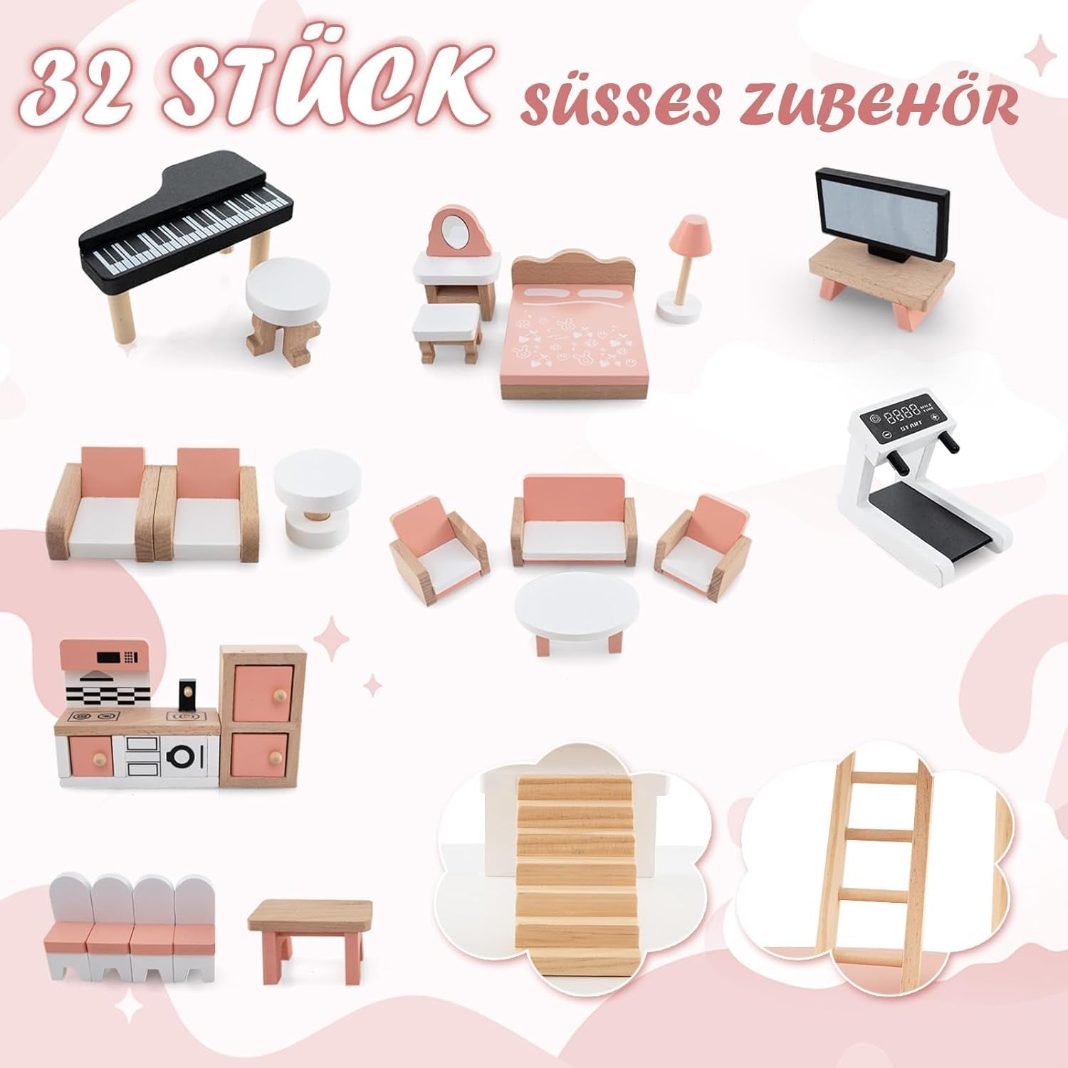 FANTASK Maison de poupée en bois, maison de poupée 7 pièces de 85 cm de hauteur avec 32 meubles et accessoires, maison de poupée avec échelle en corde, cadeau de maison de poupée pour filles de 3 ans (modèle 3) Naty Shop Dollhouses