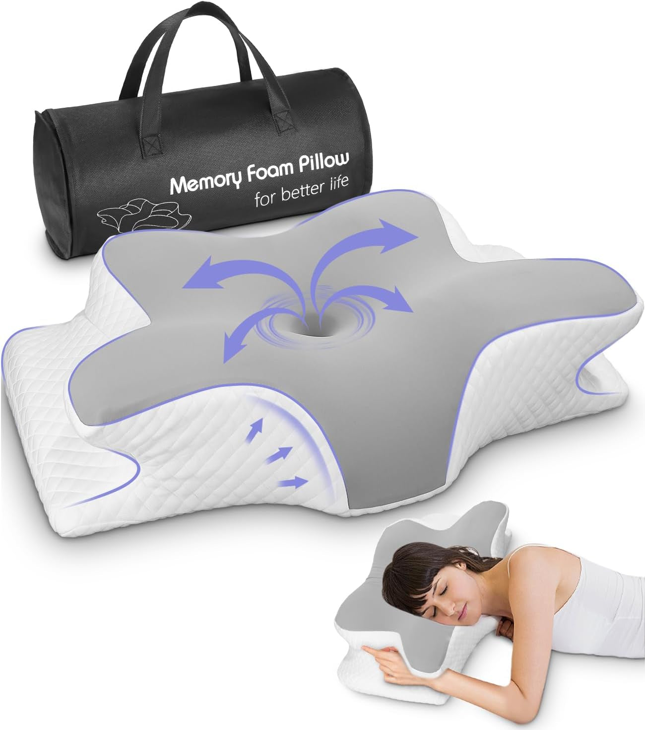 Oreiller cervical, oreiller de soutien latéral, oreiller en mousse à mémoire de forme, oreiller orthopédique, oreiller de soutien cervical ergonomique pour un soutien optimal du dos et du ventre Oreiller de soutien latéral (62 X 41 X 13 CM) Oreillers orthopédiques cervicaux Naty Shop Gris