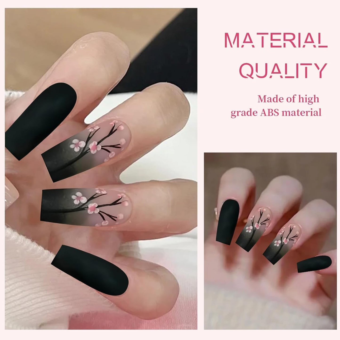 24 pièces automne noir français presse ongles rose fleur longs ongles colle sur faux ongles automne faux ongles ensemble avec accessoires