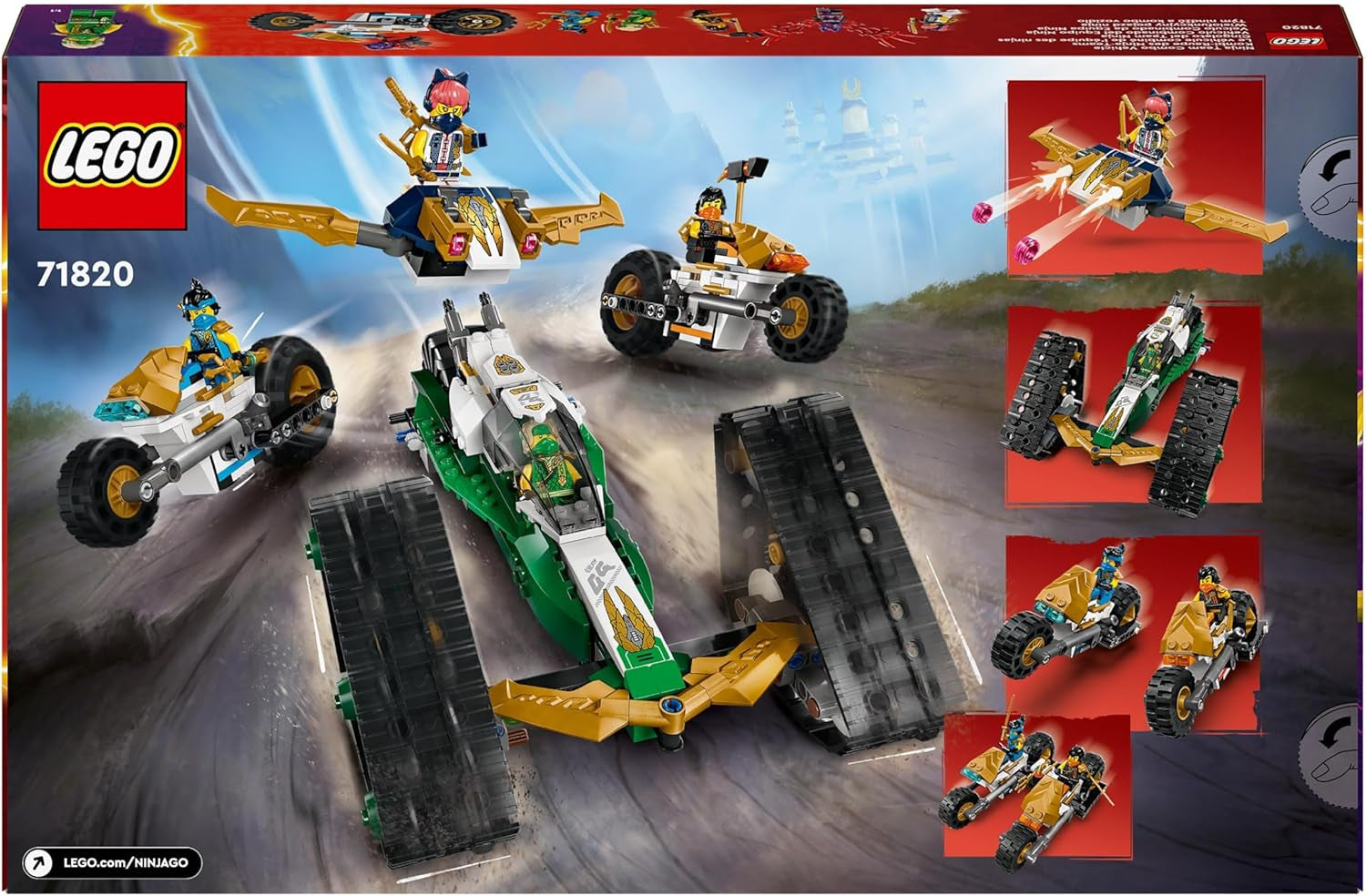 LEGO NINJAGO Ninja Team Combi Caterpillar 4 en 1 avec planeur, voiture de course et 2 motos et 6 figurines Cadeau pour garçons et filles Ninja Toy 71820 Jeux de construction Besuche den LEGO-Store