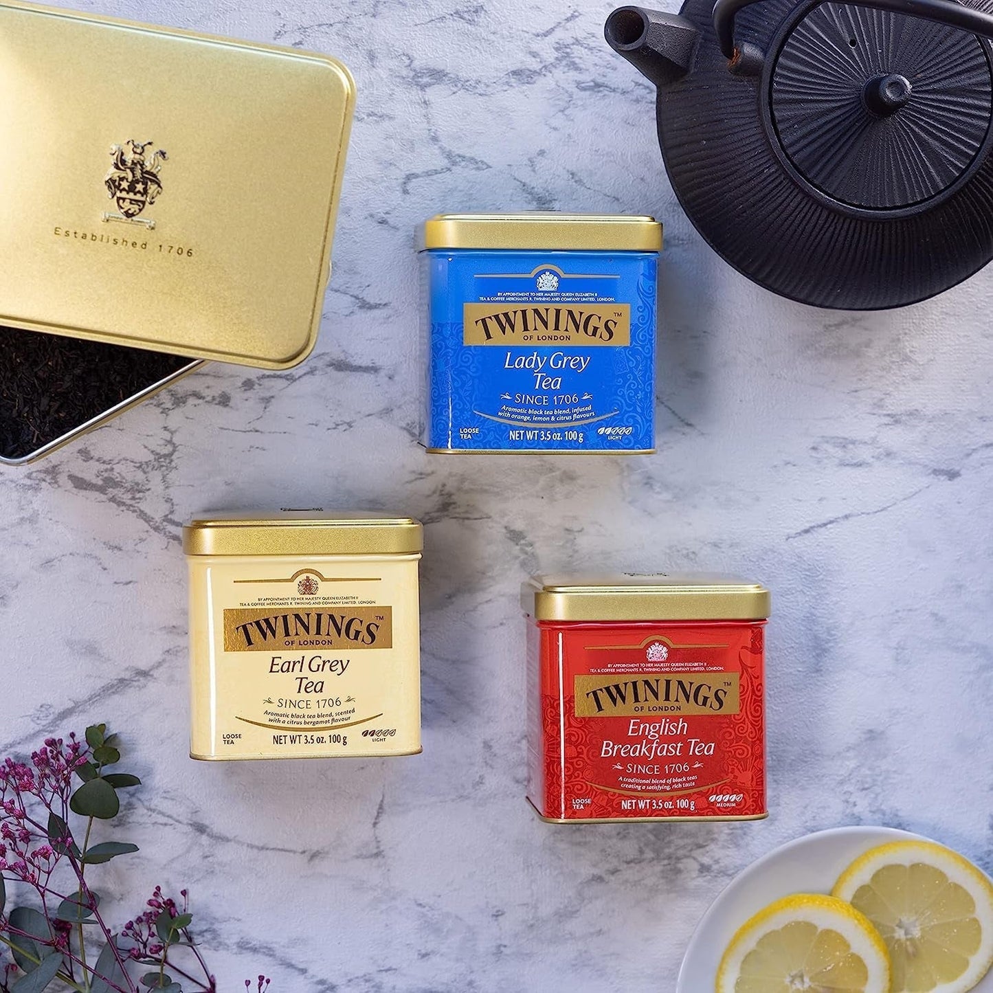 Twinings English Breakfast Tea Thé noir en vrac dans une boîte à thé Thé noir fort issu de feuilles de thé de haute qualité cueillies dans les meilleures plantations de thé du Sri Lanka et de l'Inde G, neutre, 100 grammes